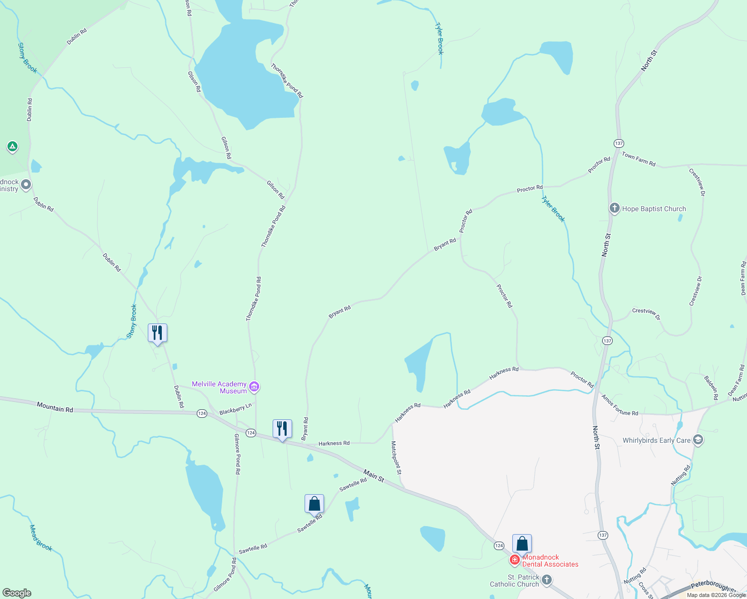 map of restaurants, bars, coffee shops, grocery stores, and more near Bryant Rd in Jaffrey