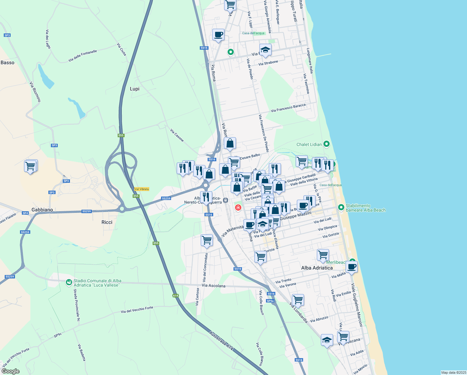 map of restaurants, bars, coffee shops, grocery stores, and more near 1 Via Teano in Alba Adriatica