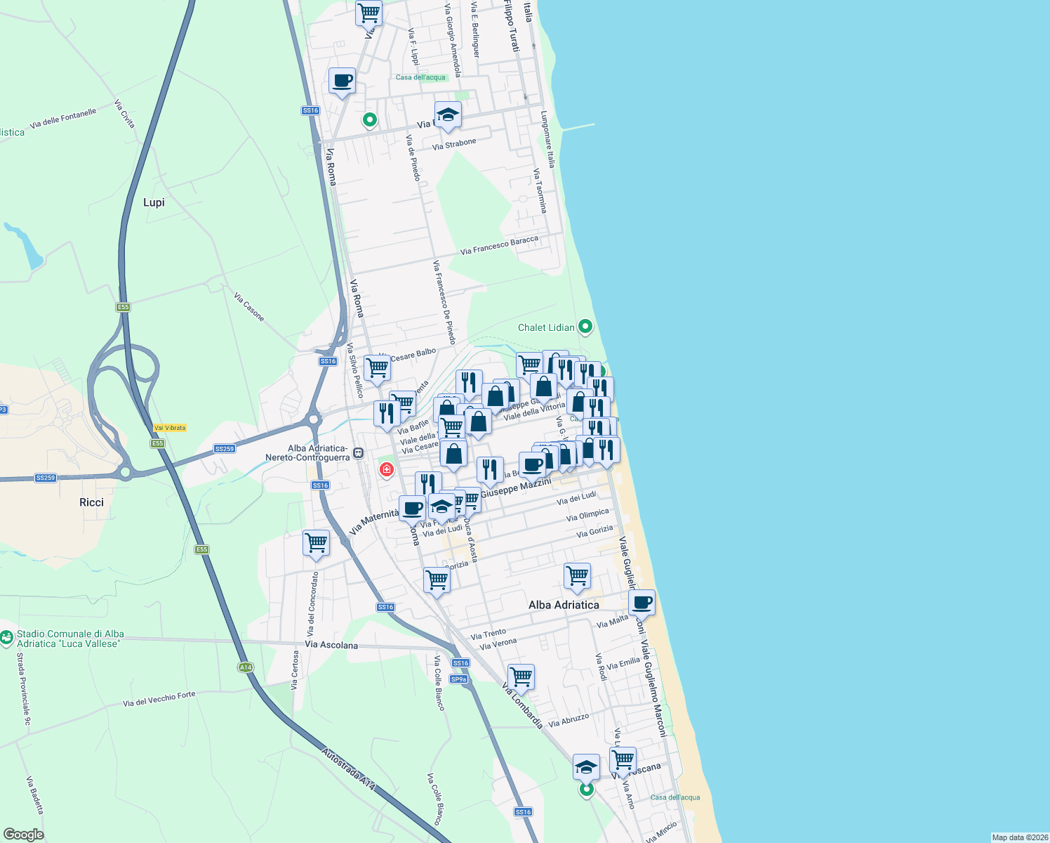 map of restaurants, bars, coffee shops, grocery stores, and more near 132 Via Cesare Battisti in Alba Adriatica
