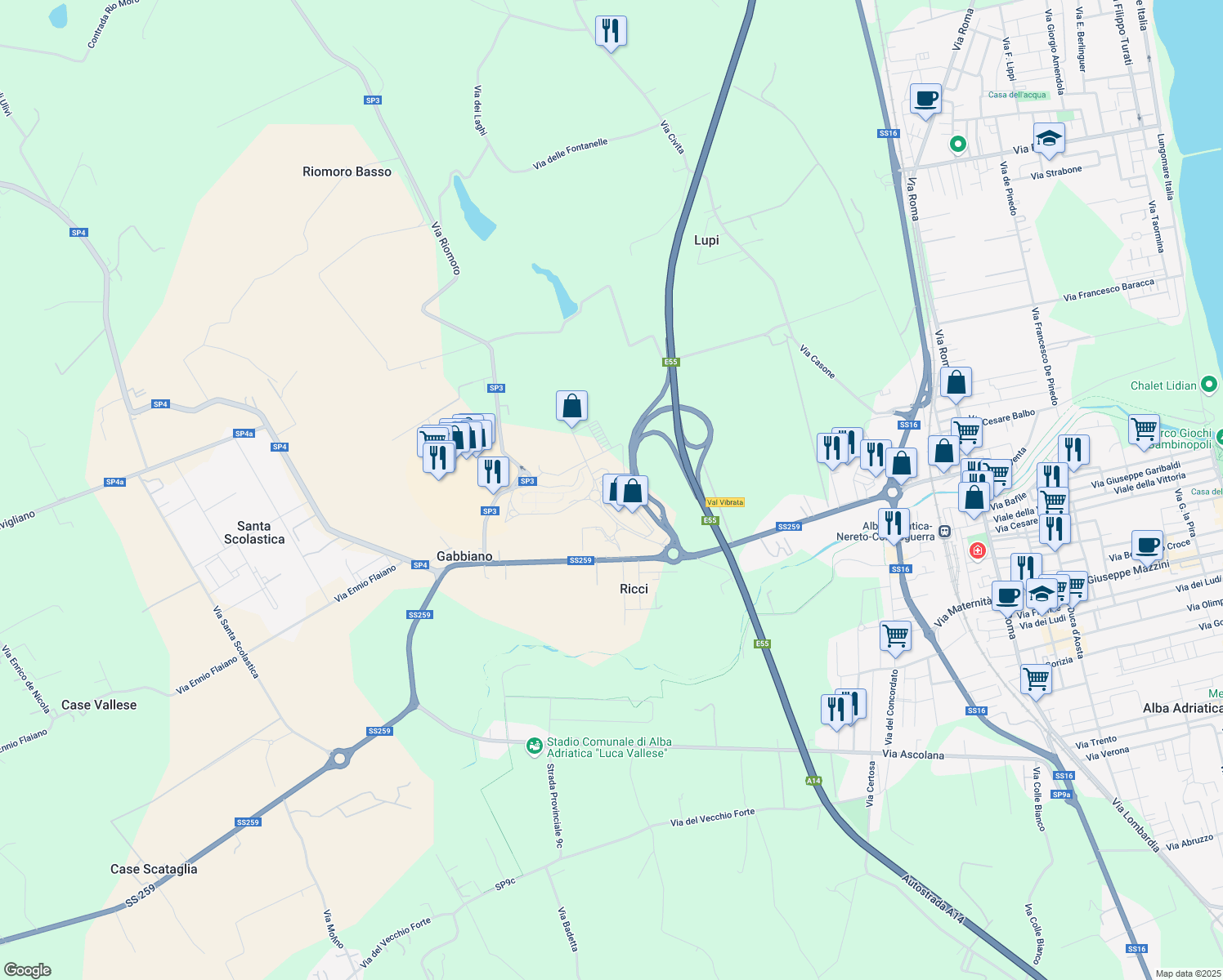 map of restaurants, bars, coffee shops, grocery stores, and more near Contrada Vibrata in Teramo