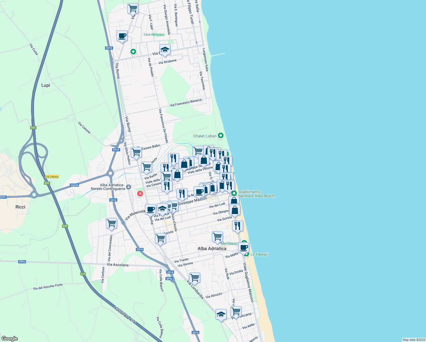 map of restaurants, bars, coffee shops, grocery stores, and more near 182 Via Battisti in Alba Adriatica