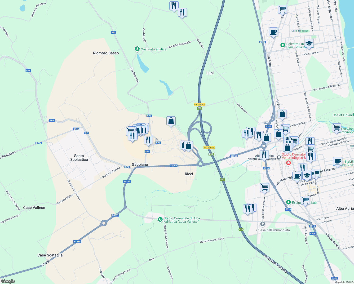 map of restaurants, bars, coffee shops, grocery stores, and more near Contrada Vibrata in Teramo