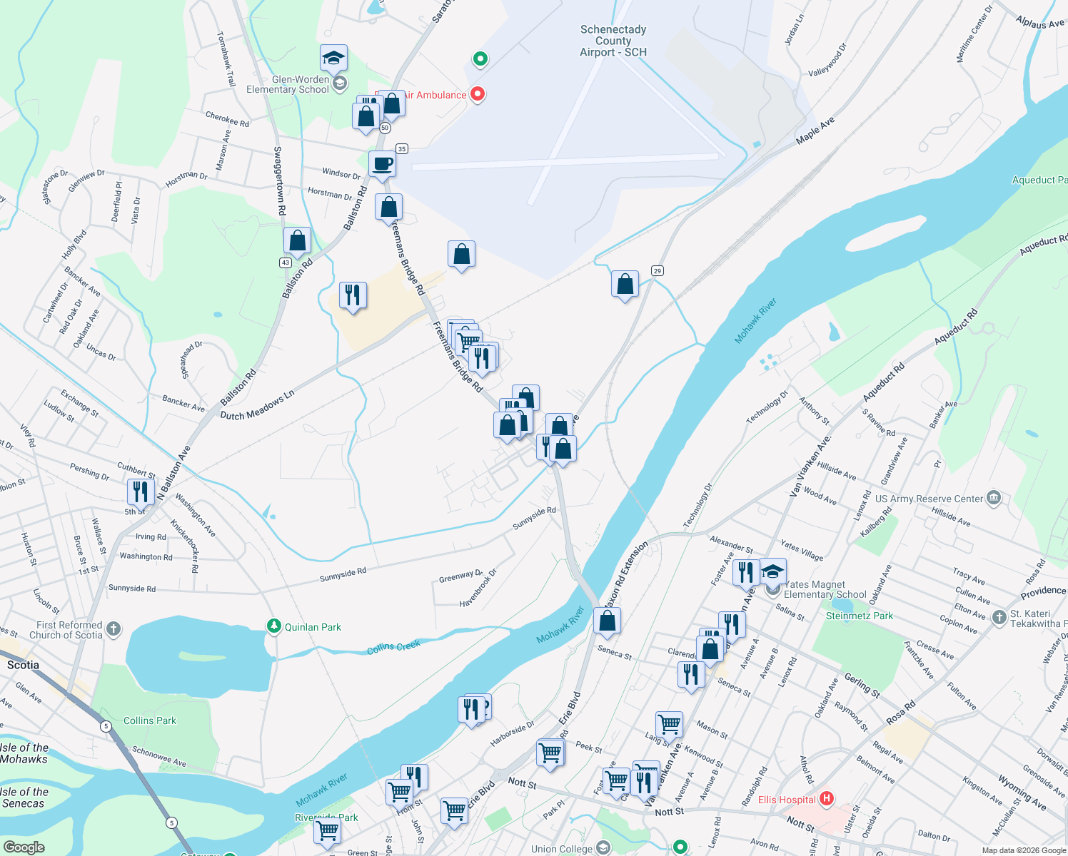 map of restaurants, bars, coffee shops, grocery stores, and more near 56 Freemans Bridge Rd in Schenectady