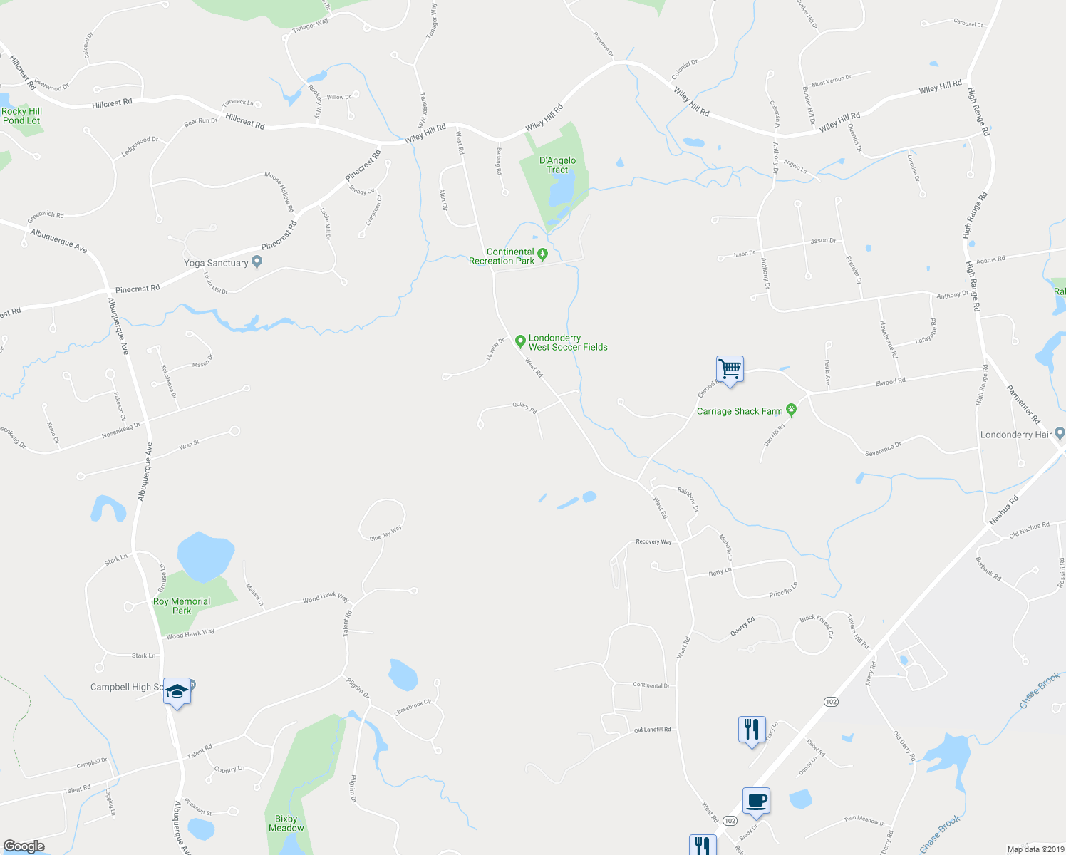 map of restaurants, bars, coffee shops, grocery stores, and more near 2 Winthrop Road in Londonderry