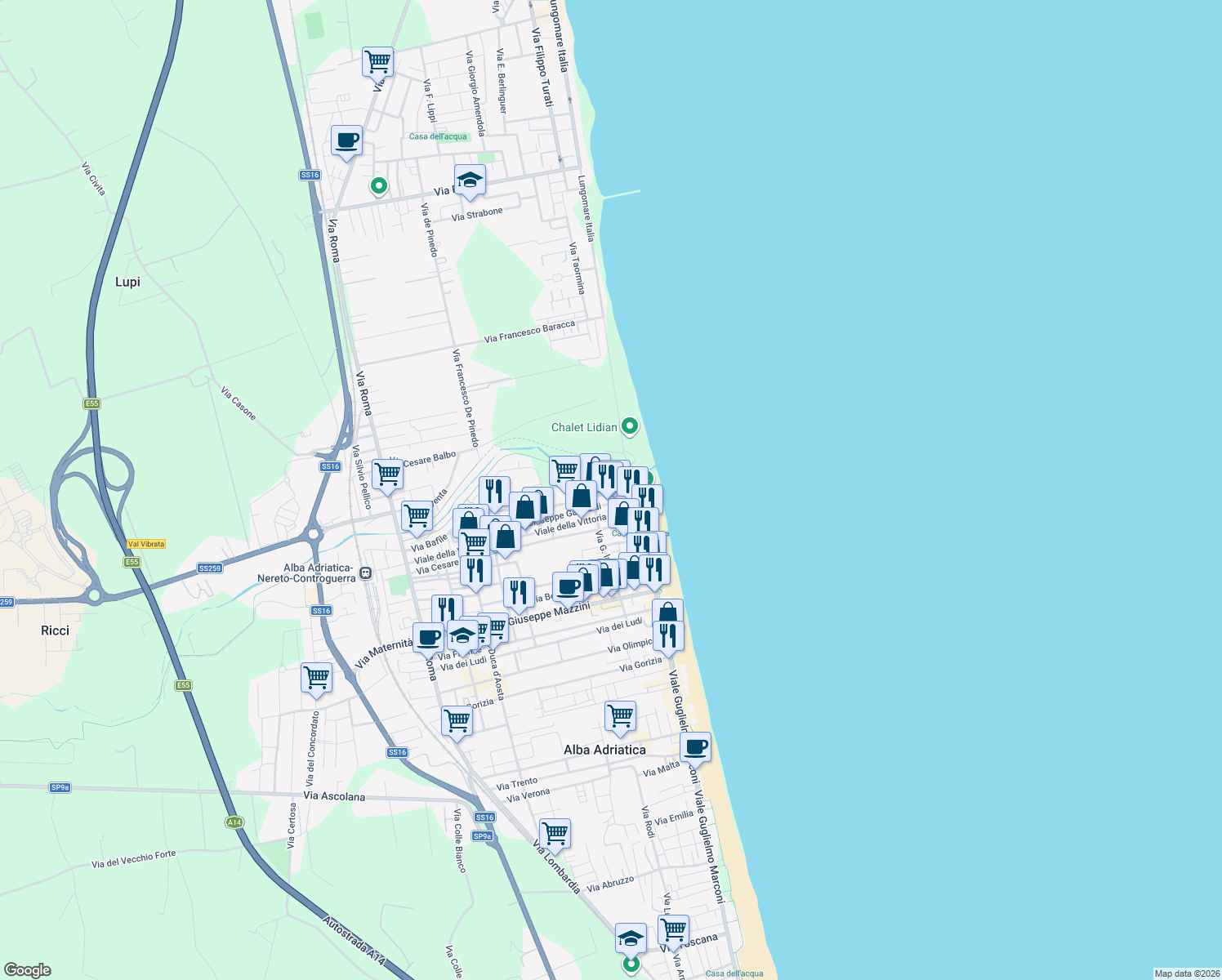 map of restaurants, bars, coffee shops, grocery stores, and more near 182 Via Battisti in Alba Adriatica