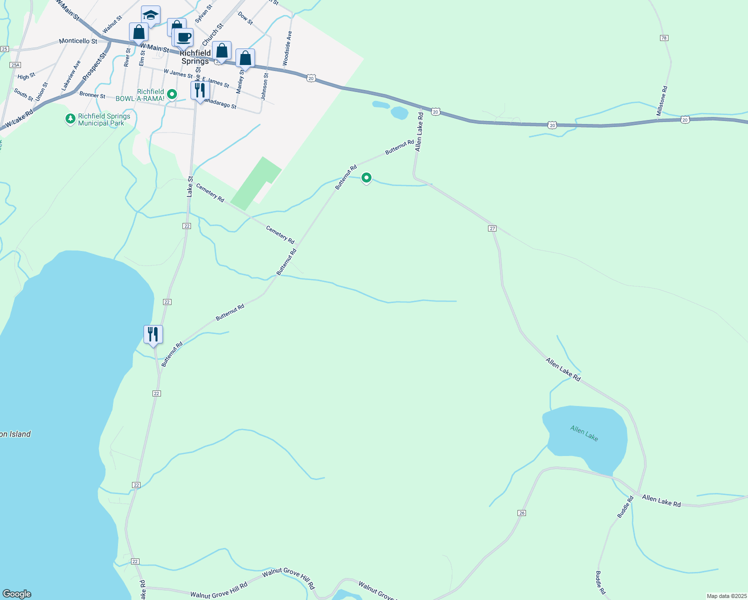 map of restaurants, bars, coffee shops, grocery stores, and more near 264 Butternut Road in Richfield Springs