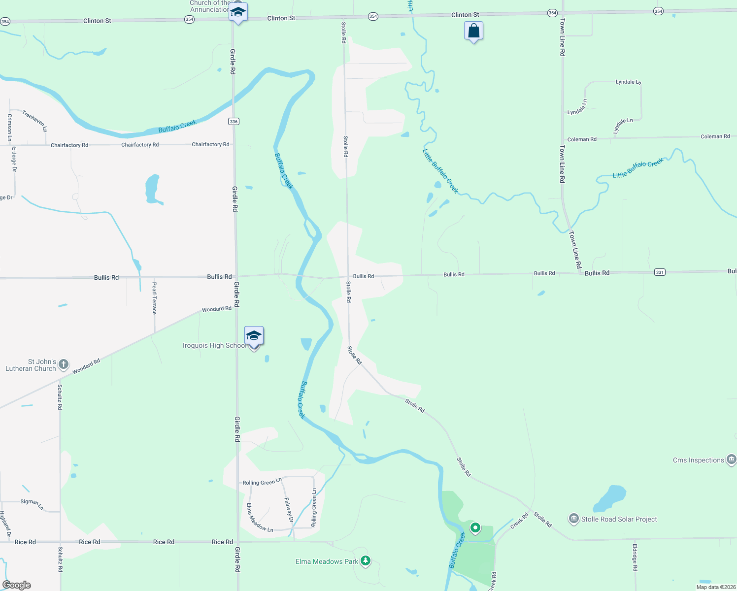 map of restaurants, bars, coffee shops, grocery stores, and more near 3414 Bullis Road in Erie County