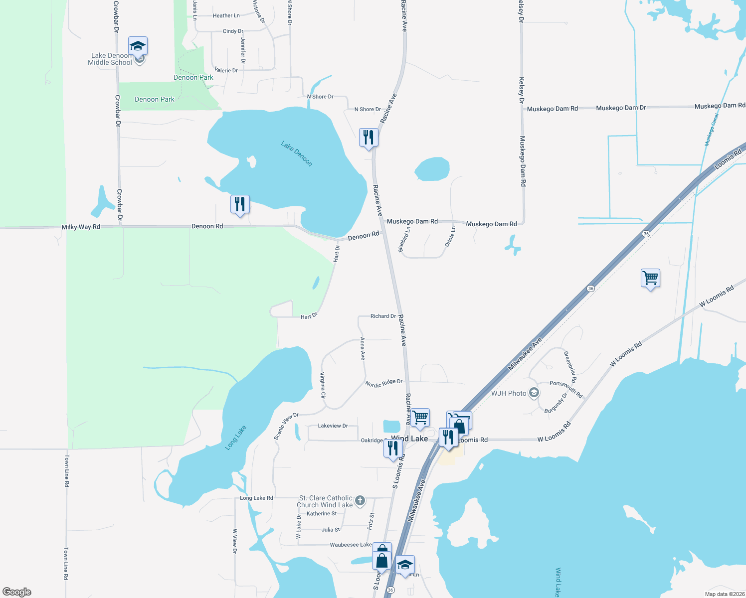 map of restaurants, bars, coffee shops, grocery stores, and more near 8618 Racine Avenue in Wind Lake