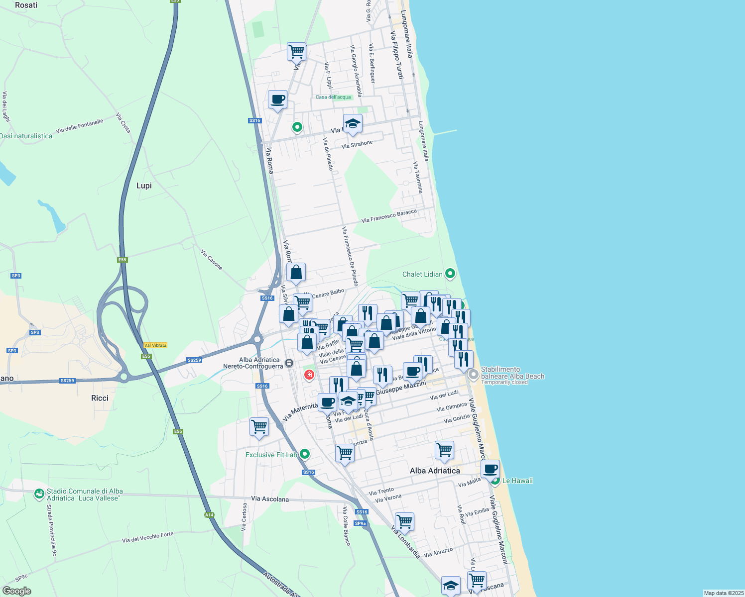 map of restaurants, bars, coffee shops, grocery stores, and more near 17 Via F. Baracca in Alba Adriatica