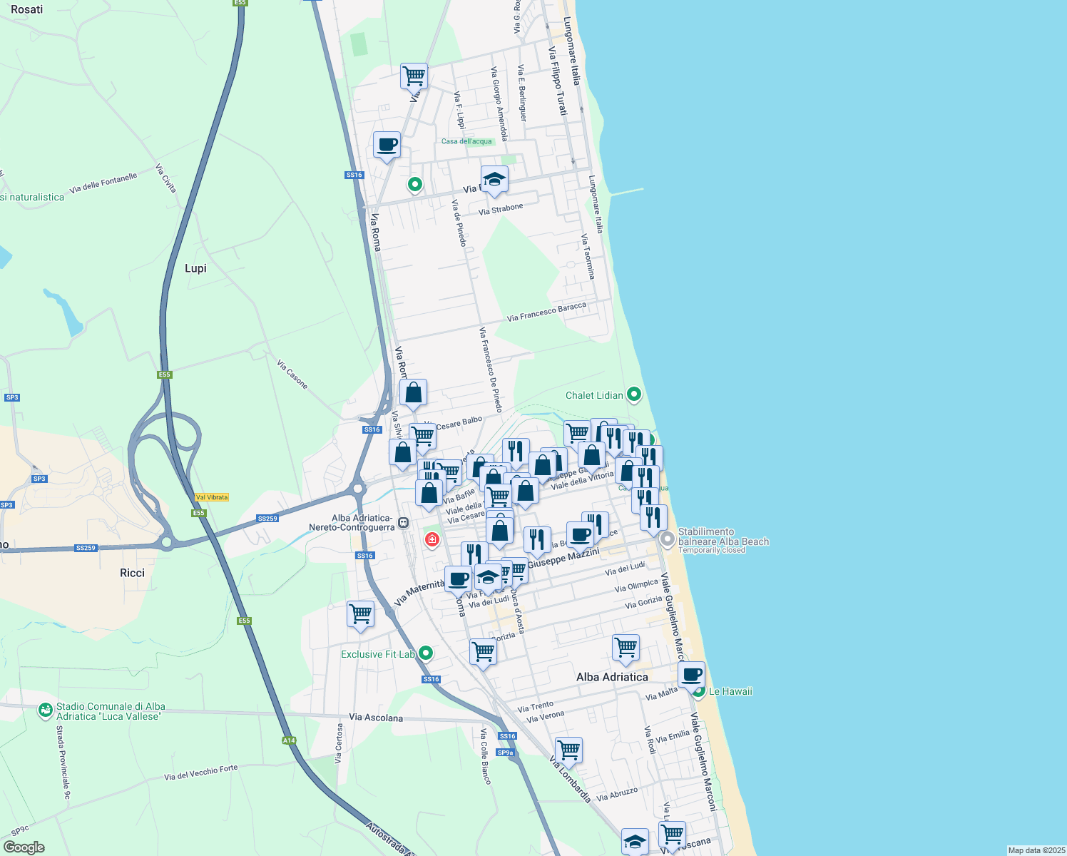 map of restaurants, bars, coffee shops, grocery stores, and more near 17 Via F. Baracca in Alba Adriatica