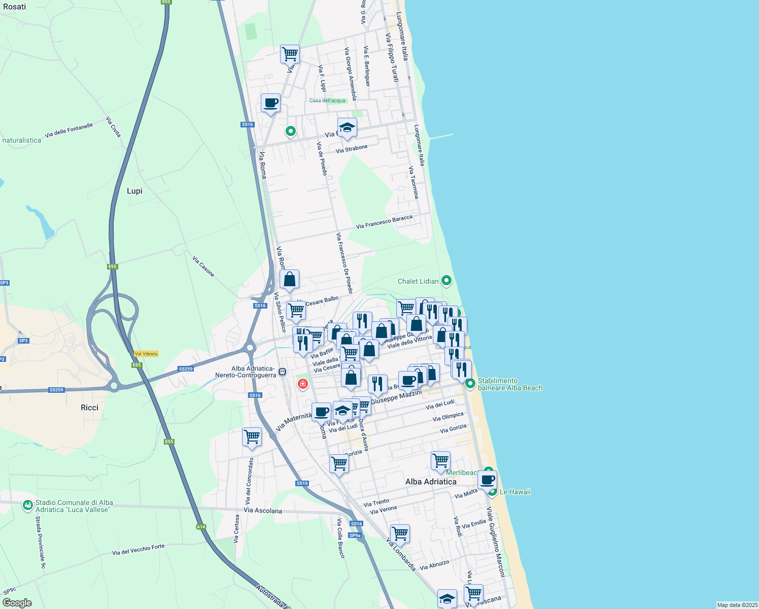 map of restaurants, bars, coffee shops, grocery stores, and more near 39 Via F. Baracca in Alba Adriatica