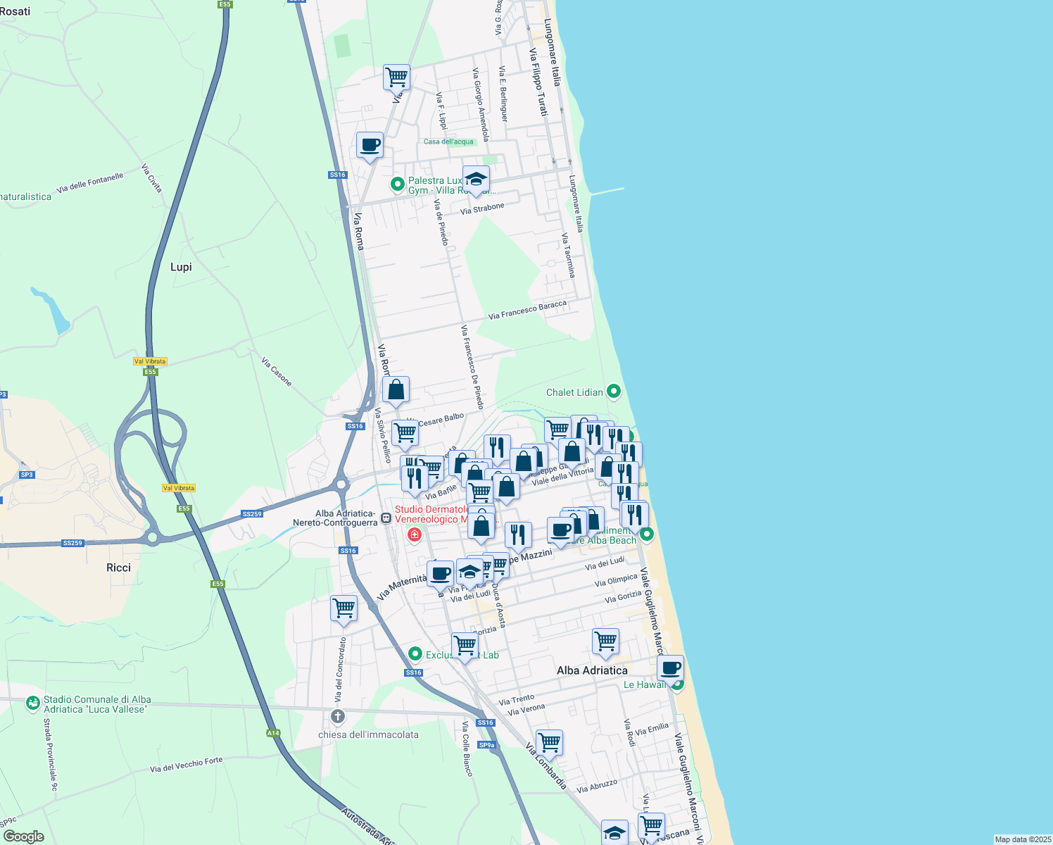 map of restaurants, bars, coffee shops, grocery stores, and more near 39 Via F. Baracca in Alba Adriatica