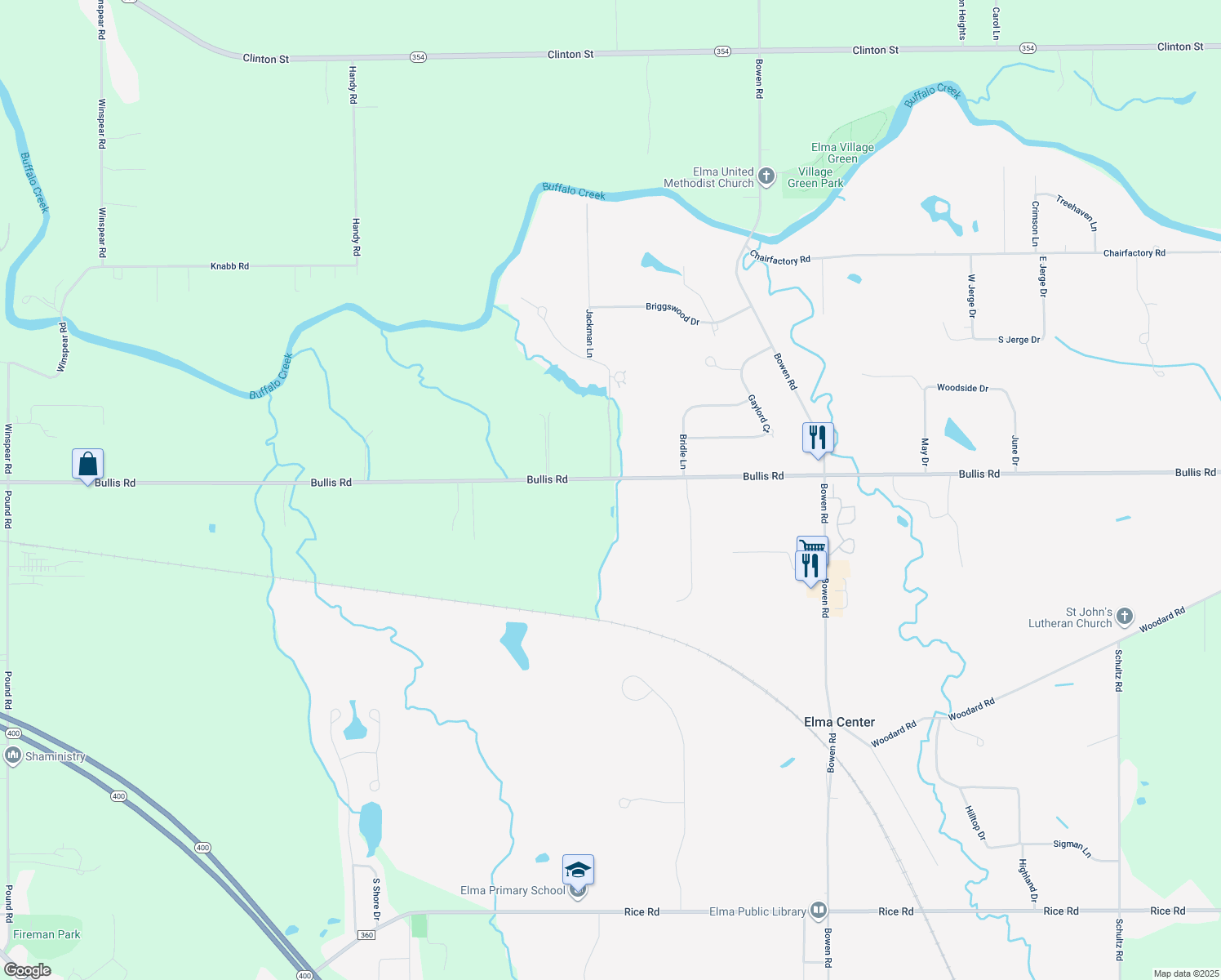 map of restaurants, bars, coffee shops, grocery stores, and more near 1900 Bullis Road in Erie County