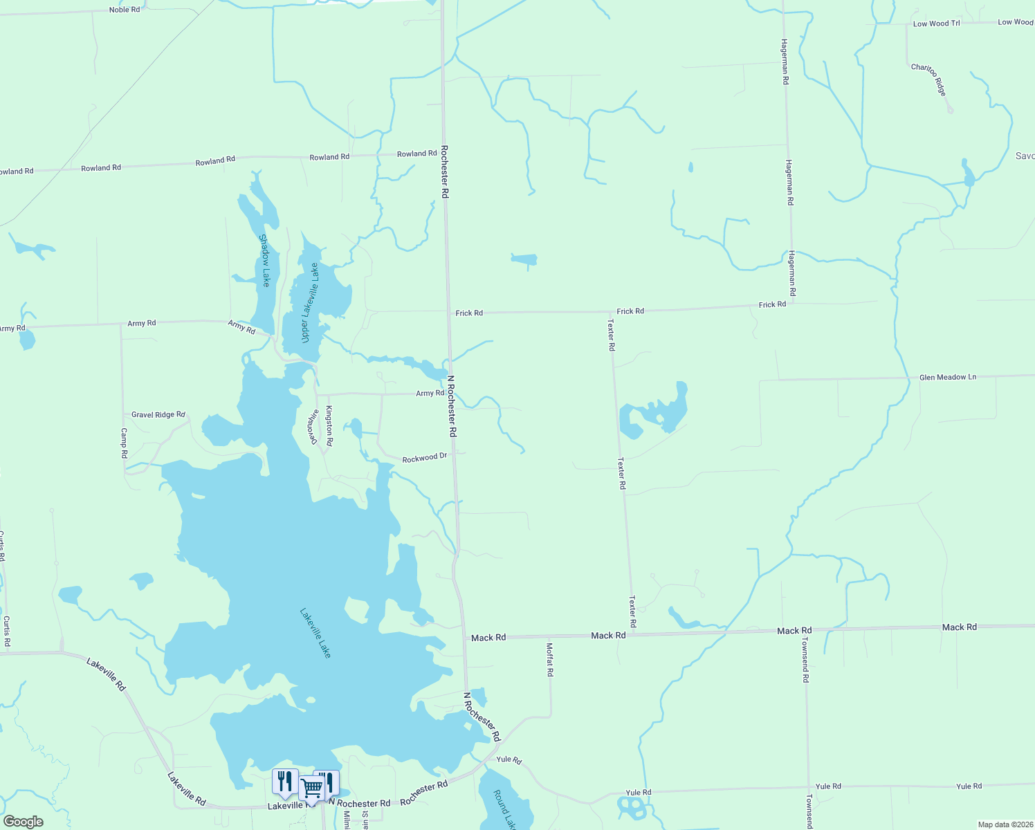 map of restaurants, bars, coffee shops, grocery stores, and more near 2750 Rochester Road in Leonard