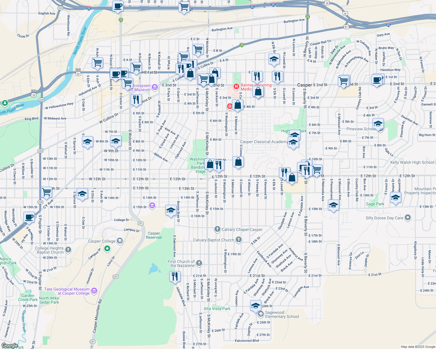 map of restaurants, bars, coffee shops, grocery stores, and more near 1125 S Jackson St in Casper