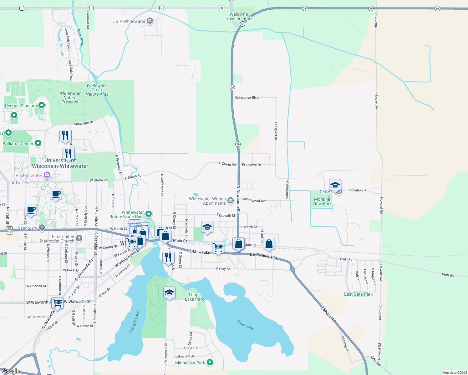 map of restaurants, bars, coffee shops, grocery stores, and more near 404 North Newcomb Street in Whitewater