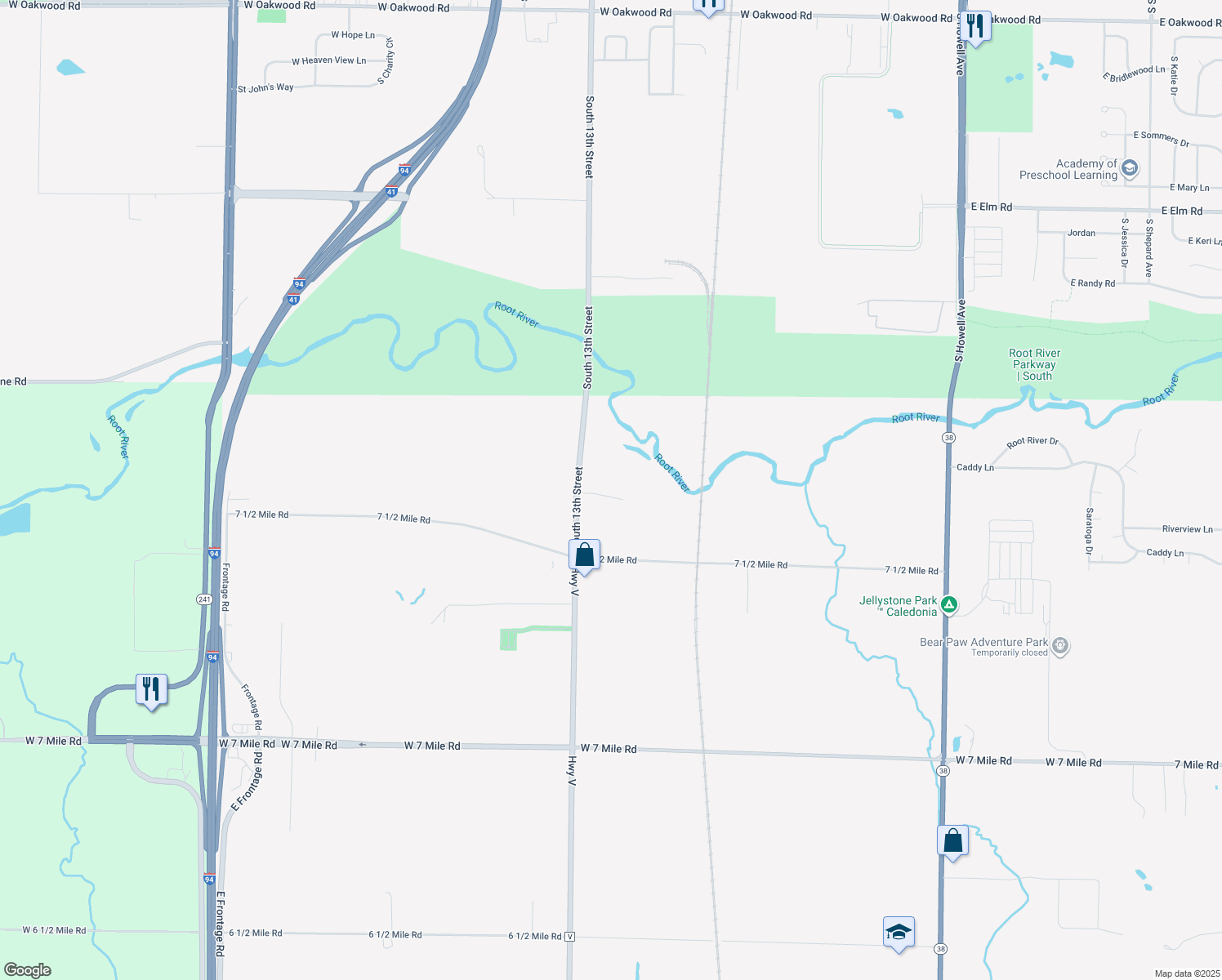 map of restaurants, bars, coffee shops, grocery stores, and more near 12028 Eau Galle Rd in Caledonia