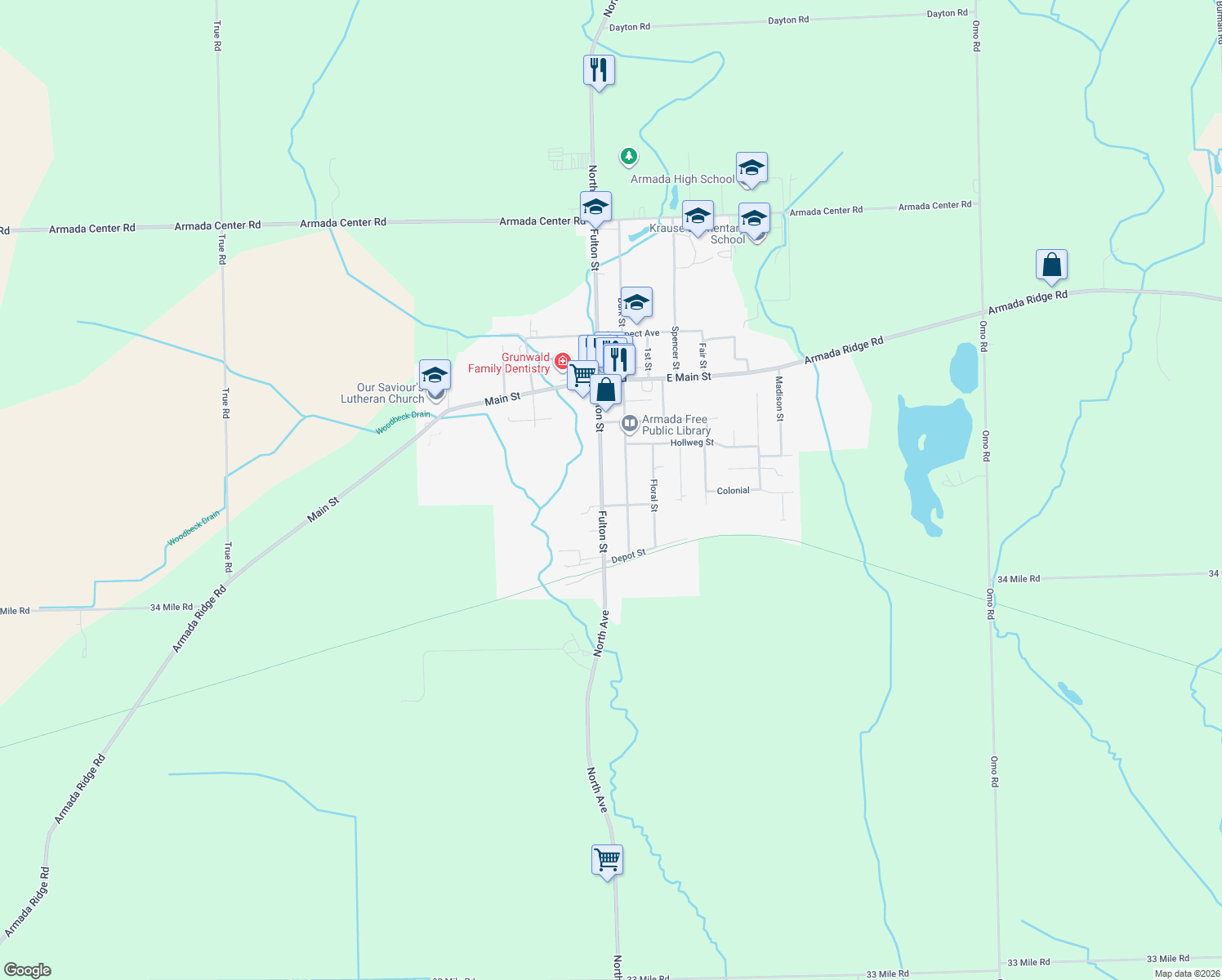 map of restaurants, bars, coffee shops, grocery stores, and more near 73580 Fulton Street in Armada