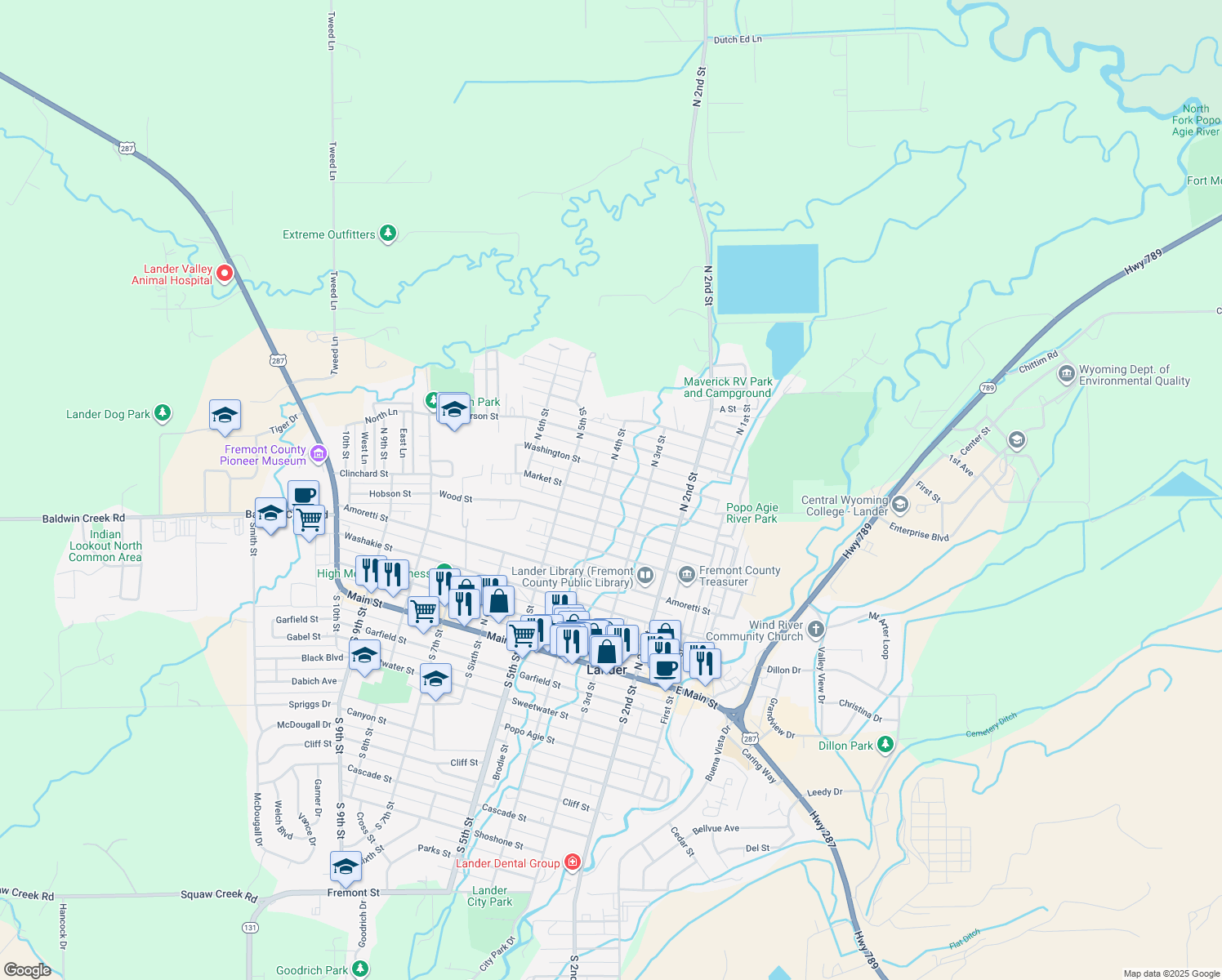 map of restaurants, bars, coffee shops, grocery stores, and more near 702 N 4th St in Lander