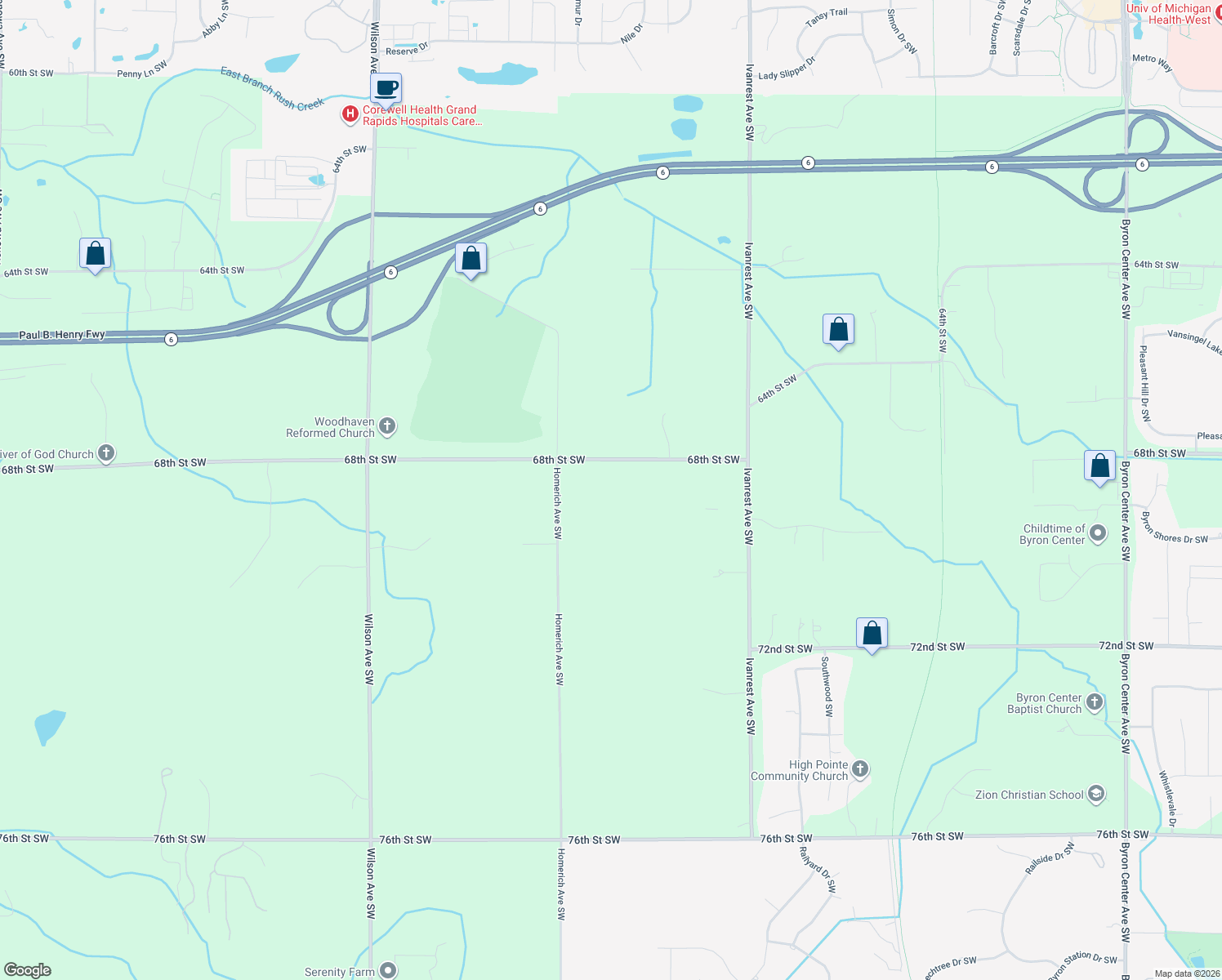 map of restaurants, bars, coffee shops, grocery stores, and more near 3554 68th Street Southwest in Byron Center