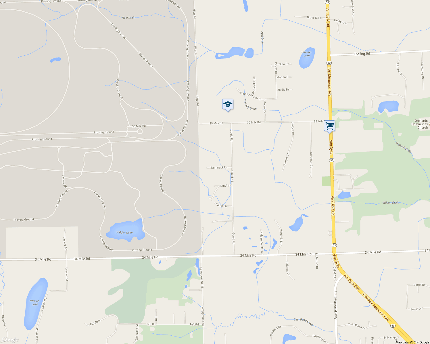 map of restaurants, bars, coffee shops, grocery stores, and more near 8216 Tamarack Lane in Macomb County