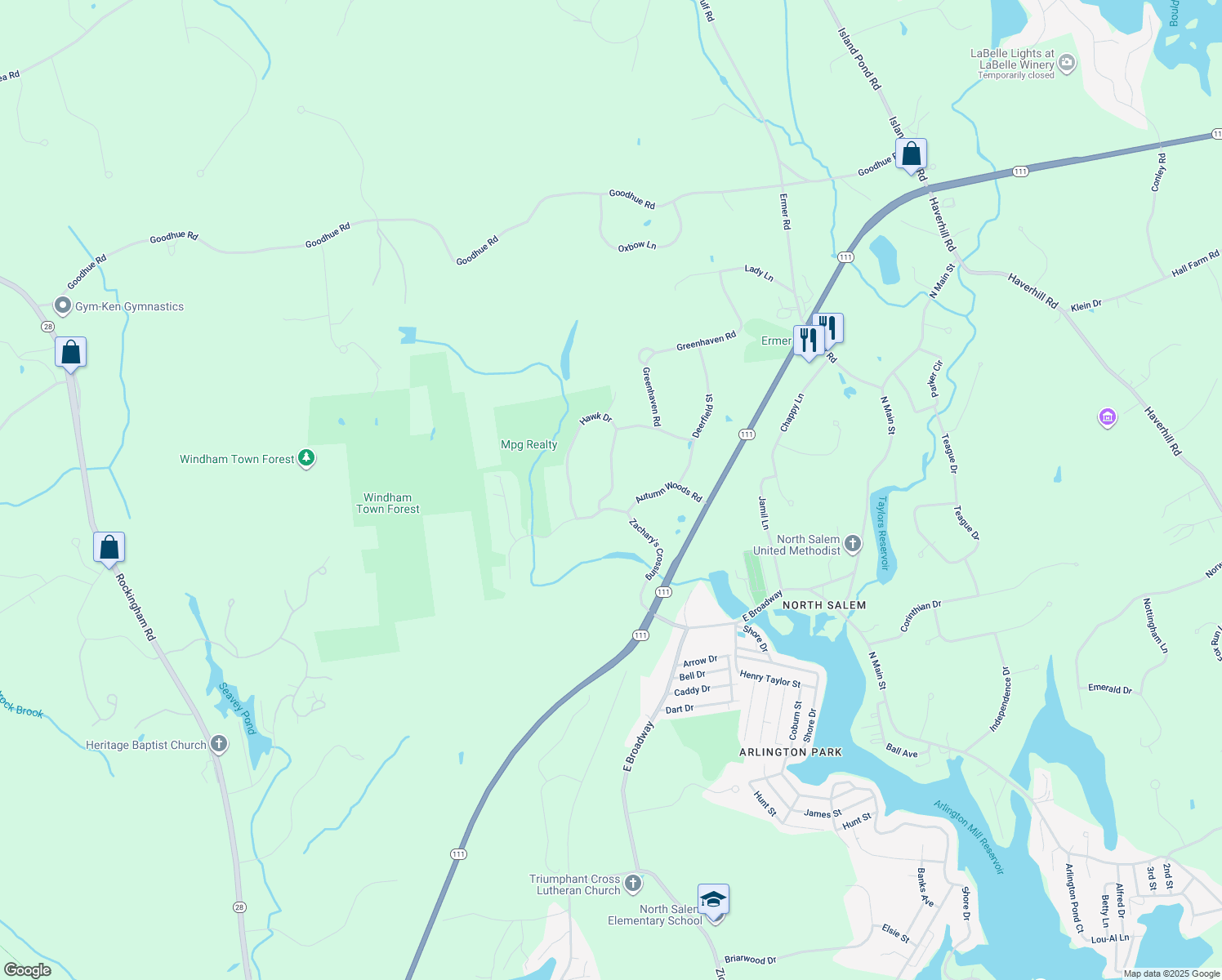map of restaurants, bars, coffee shops, grocery stores, and more near 9 Hawk Drive in Salem