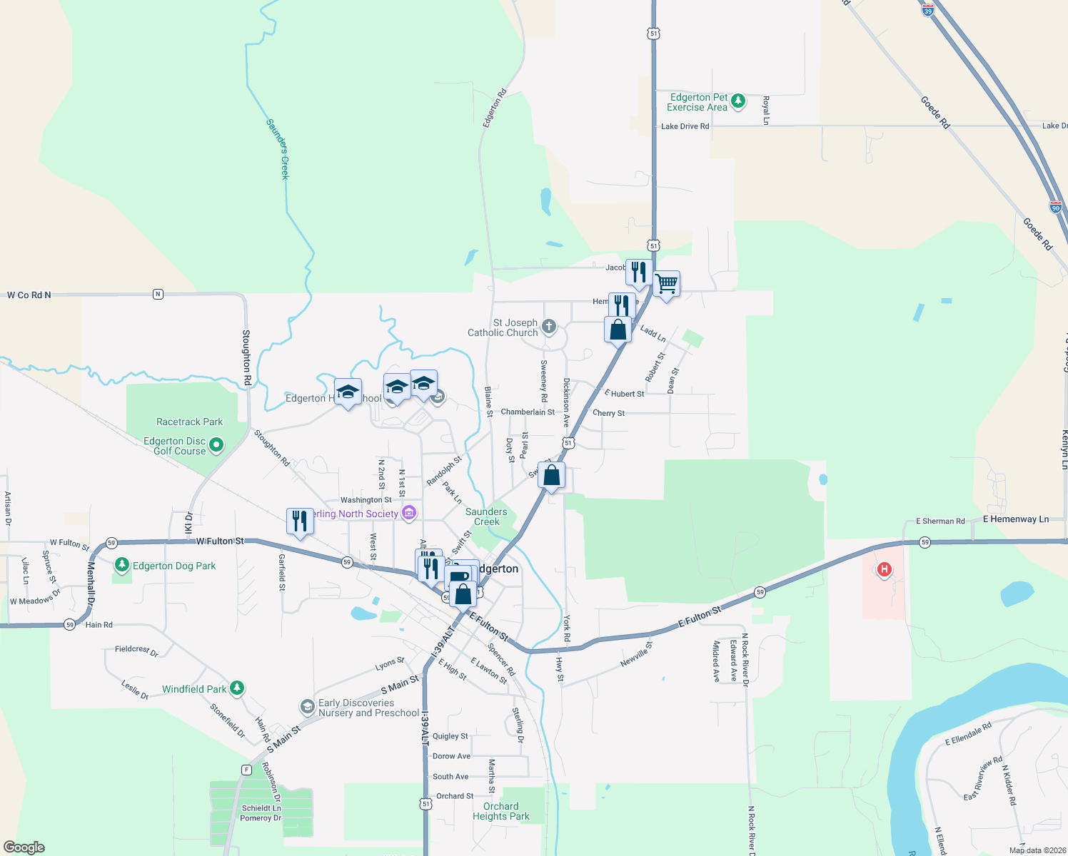 map of restaurants, bars, coffee shops, grocery stores, and more near 709 Pearl St in Edgerton