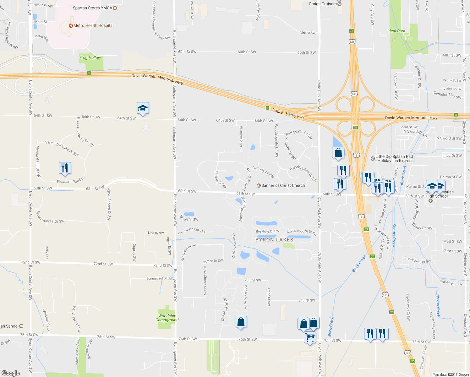 map of restaurants, bars, coffee shops, grocery stores, and more near 6756 Airfield Court Southwest in Byron Center