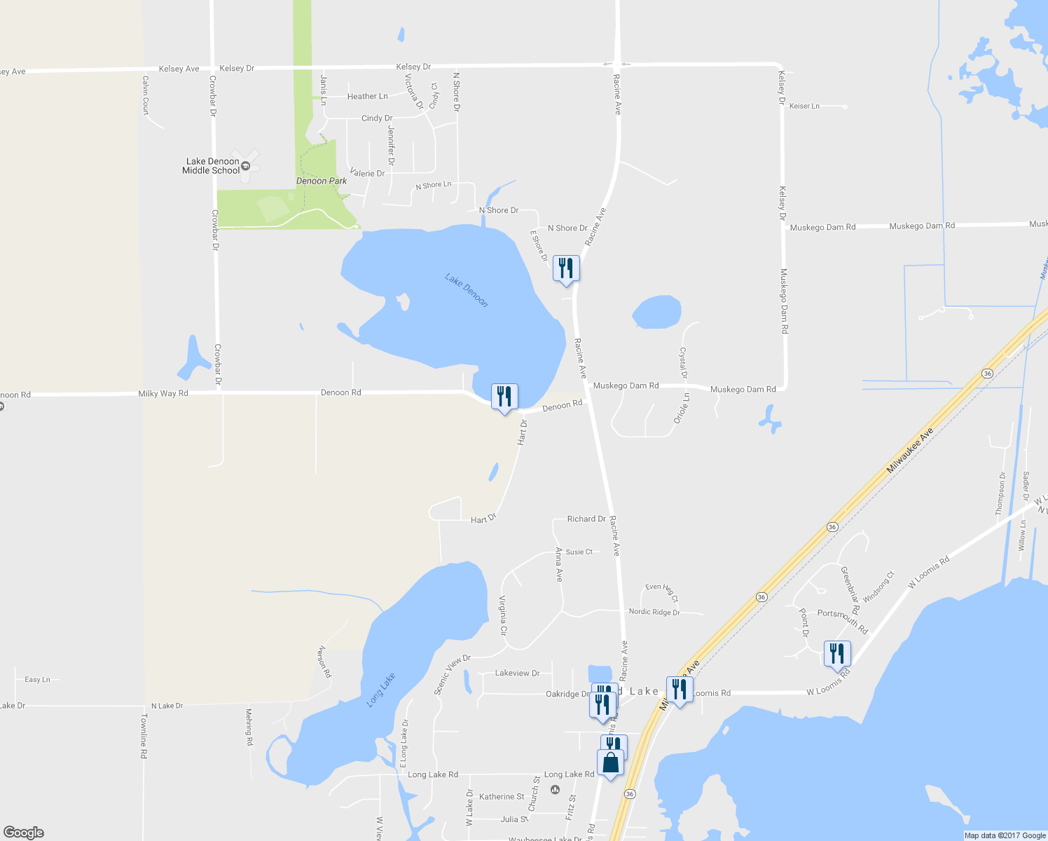 map of restaurants, bars, coffee shops, grocery stores, and more near 27001 Hart Drive in Wind Lake