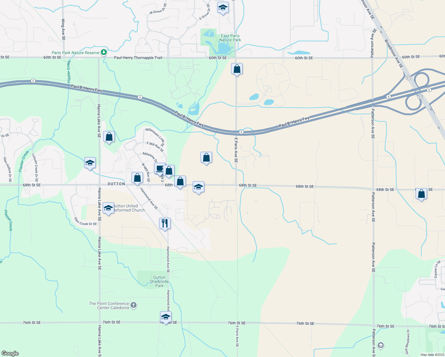 map of restaurants, bars, coffee shops, grocery stores, and more near 3911 68th Street Southeast in Caledonia