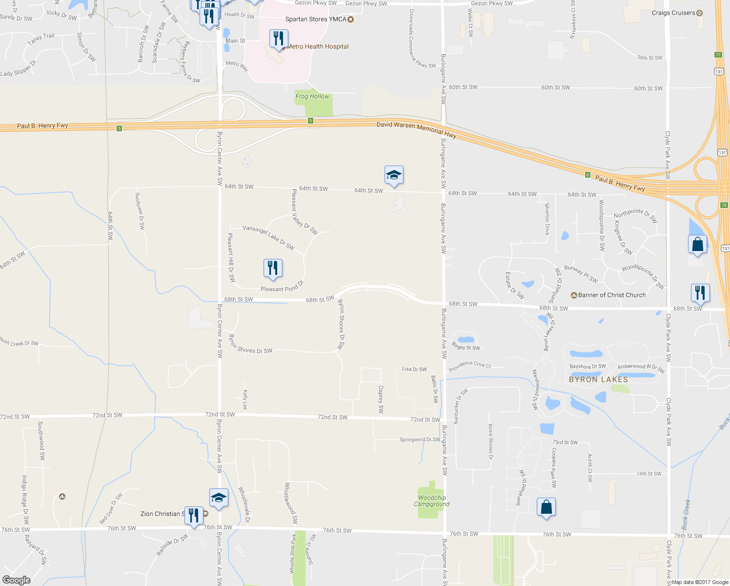 map of restaurants, bars, coffee shops, grocery stores, and more near 1808 68th Street Southwest in Byron Center