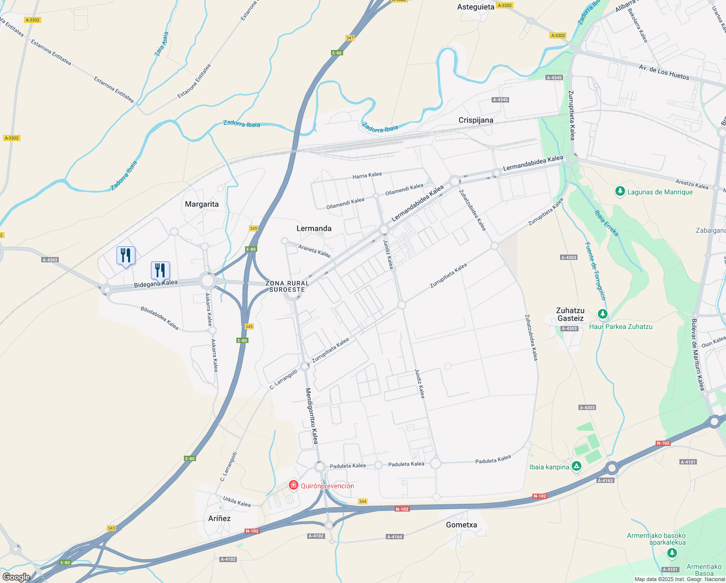 map of restaurants, bars, coffee shops, grocery stores, and more near 27 Zurrupitieta Kalea in Vitoria-Gasteiz
