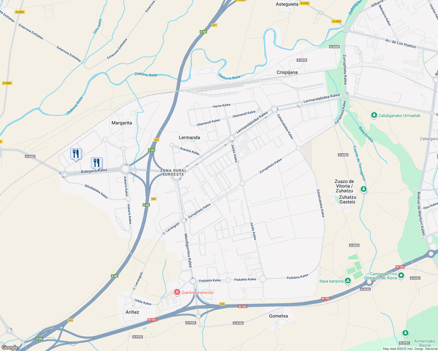 map of restaurants, bars, coffee shops, grocery stores, and more near 27 Zurrupitieta Kalea in Vitoria-Gasteiz