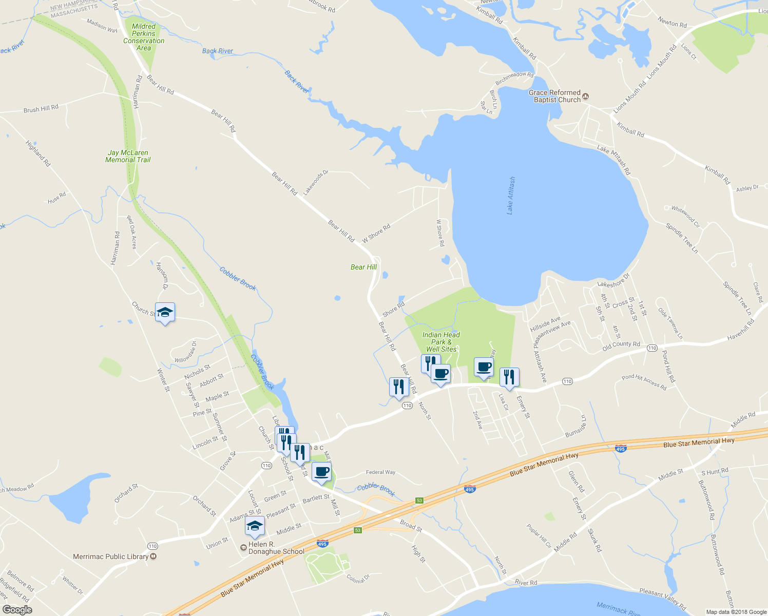 map of restaurants, bars, coffee shops, grocery stores, and more near 3 Shore Road in Merrimac