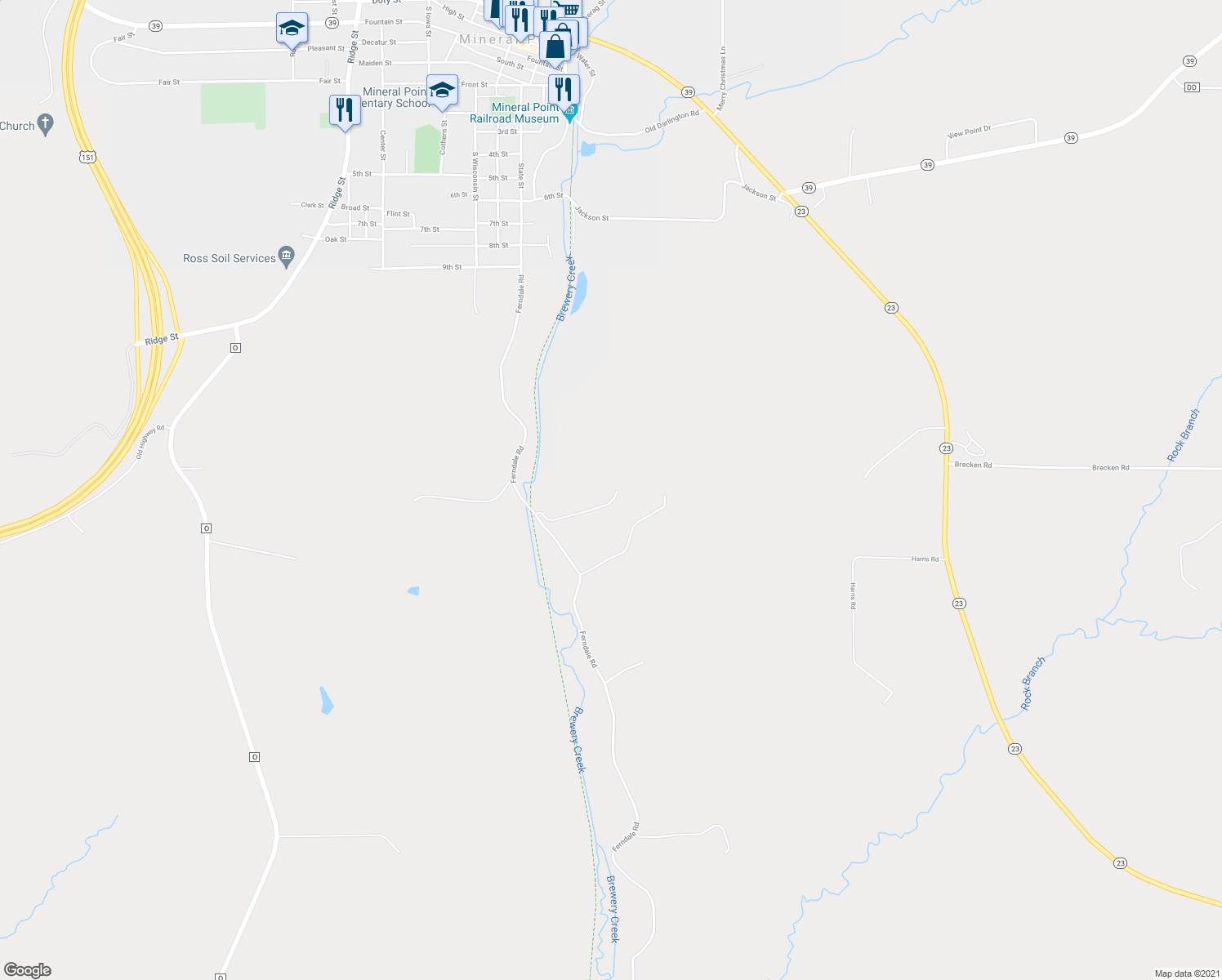 map of restaurants, bars, coffee shops, grocery stores, and more near 557 Ferndale Road in Mineral Point