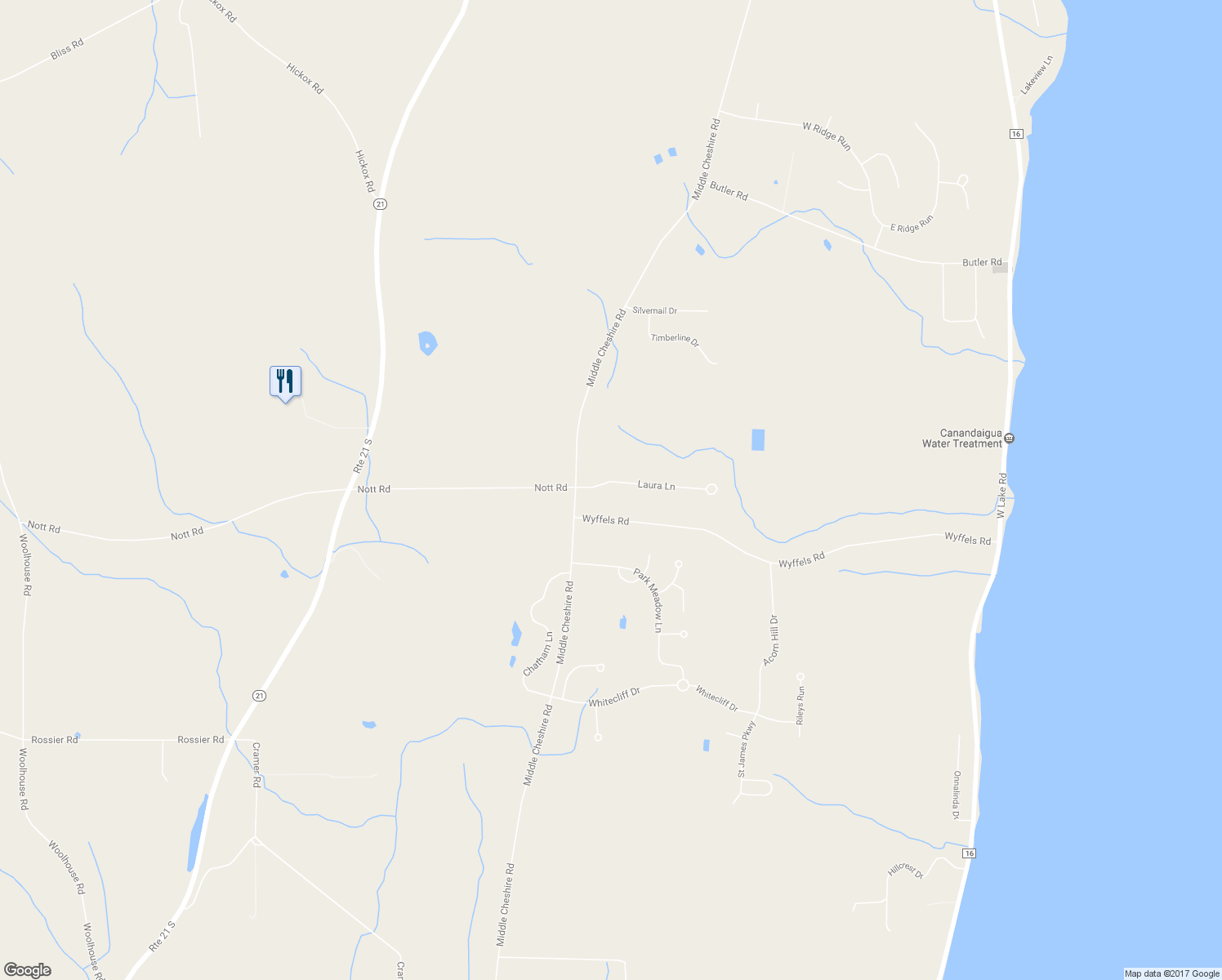 map of restaurants, bars, coffee shops, grocery stores, and more near 5191 Laura Lane in Canandaigua