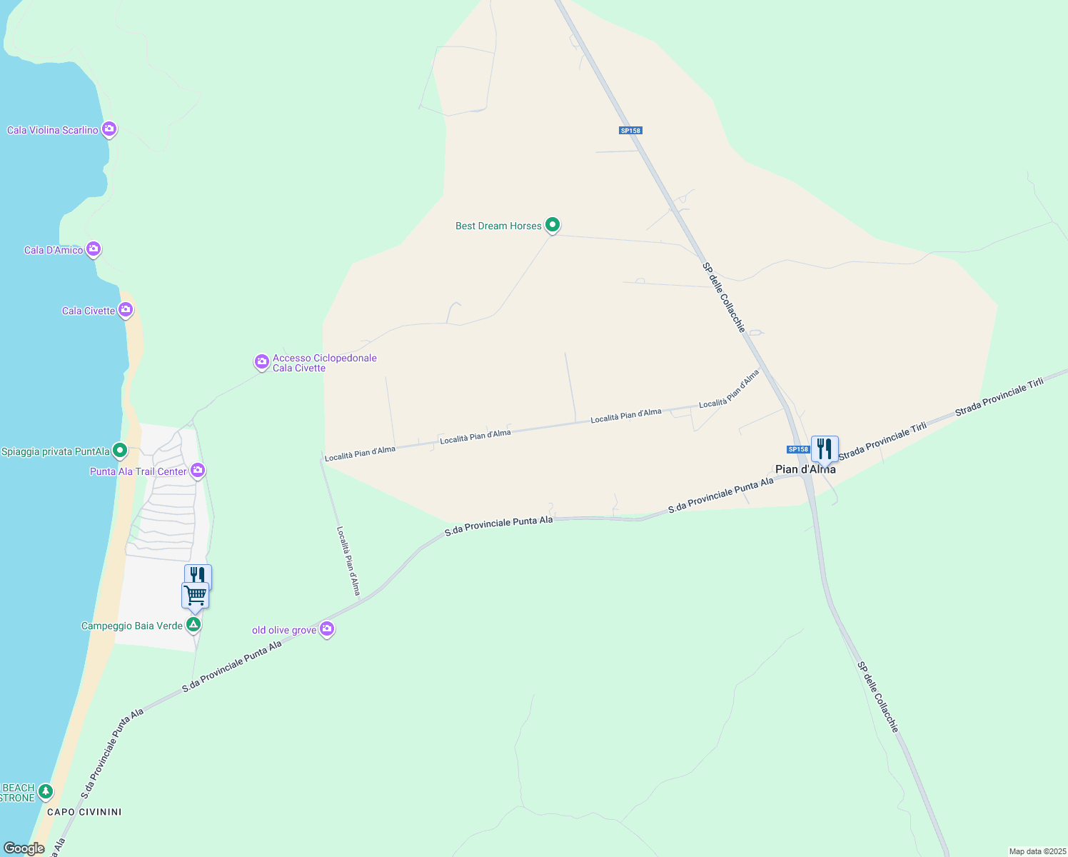 map of restaurants, bars, coffee shops, grocery stores, and more near Località Pian d'Alma in Provincia di Grosseto