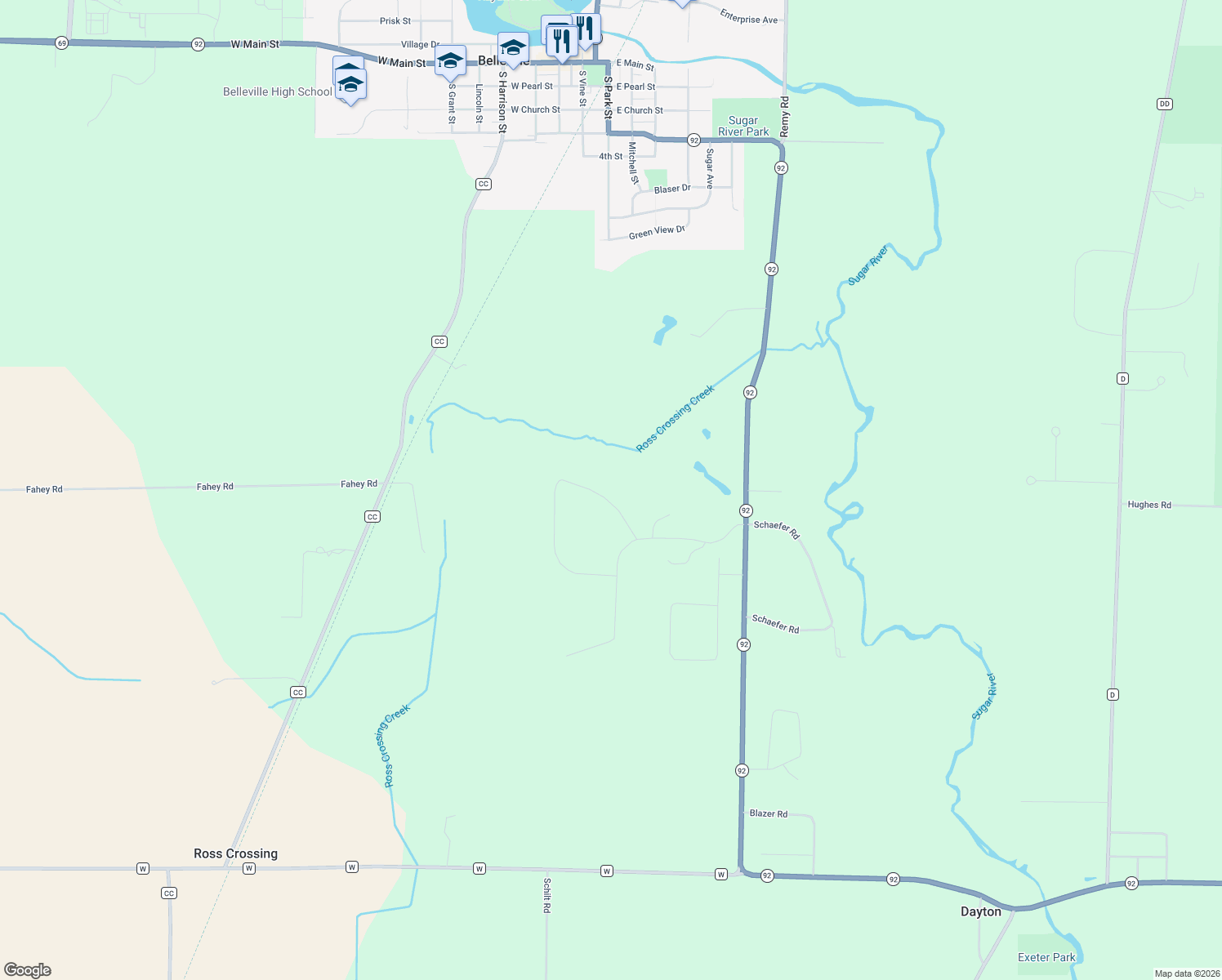 map of restaurants, bars, coffee shops, grocery stores, and more near W3438 Woodside Road in Belleville