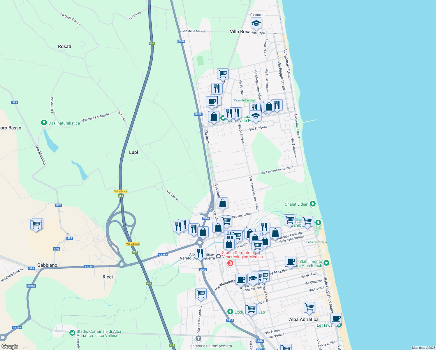 map of restaurants, bars, coffee shops, grocery stores, and more near 681 Via Roma in Martinsicuro