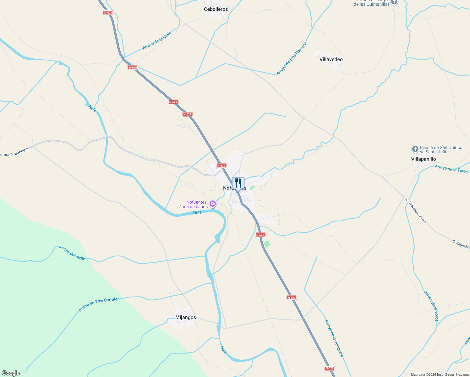 map of restaurants, bars, coffee shops, grocery stores, and more near N-629 in Nofuentes
