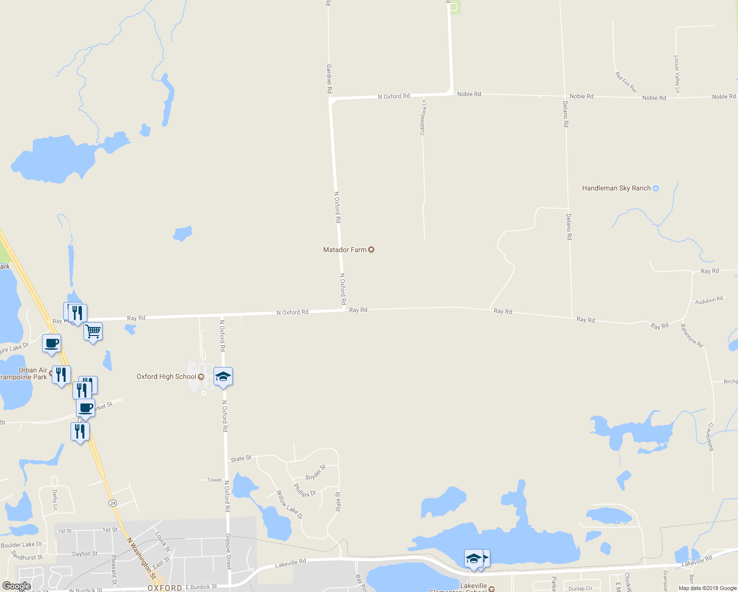 map of restaurants, bars, coffee shops, grocery stores, and more near 1621 Ray Road in Oakland County
