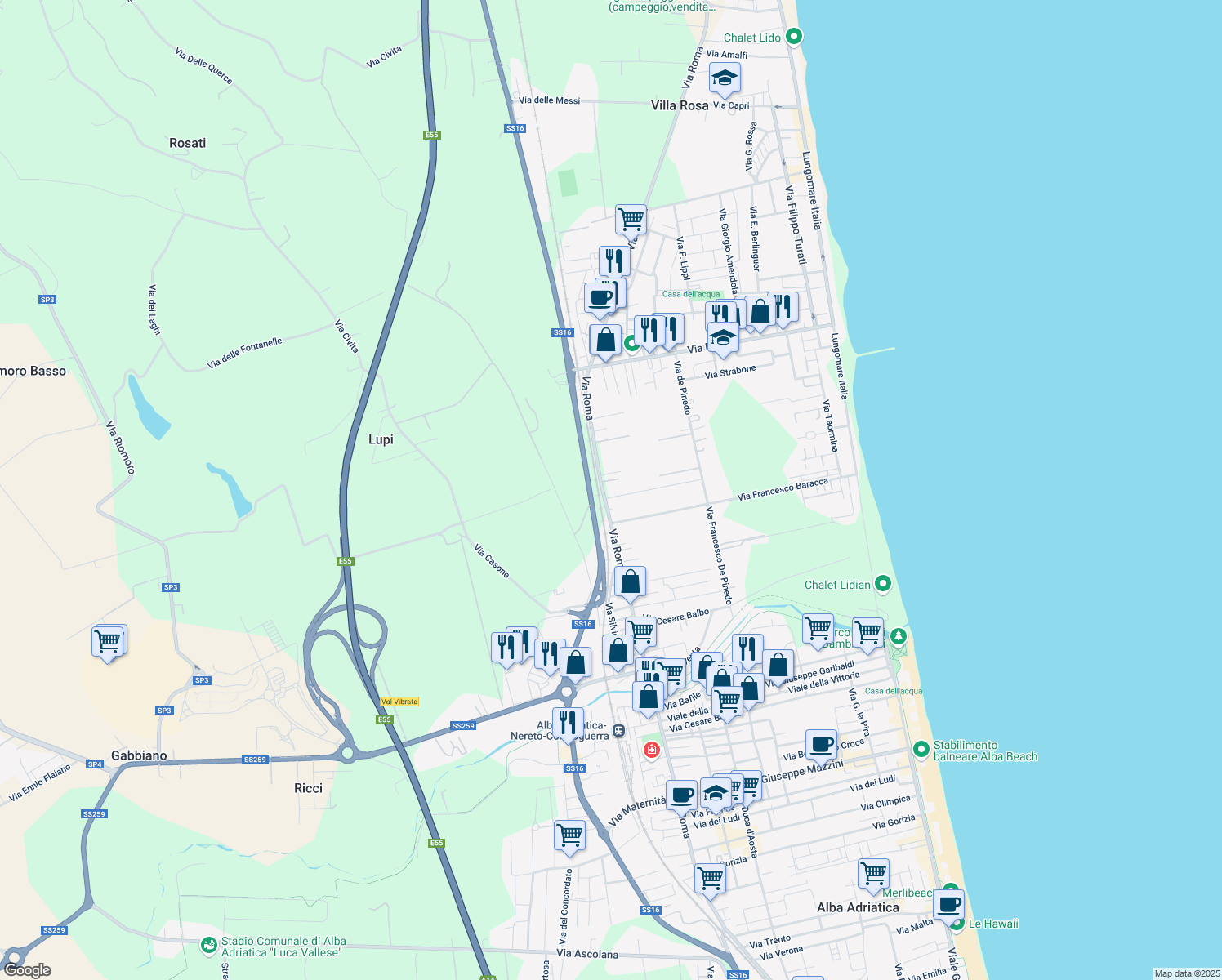 map of restaurants, bars, coffee shops, grocery stores, and more near 681 Via Roma in Villa Rosa
