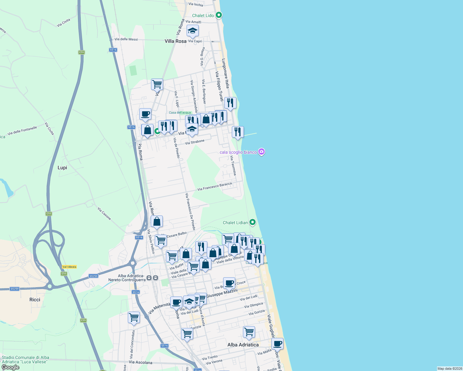 map of restaurants, bars, coffee shops, grocery stores, and more near 53 Via Taormina in Villa Rosa