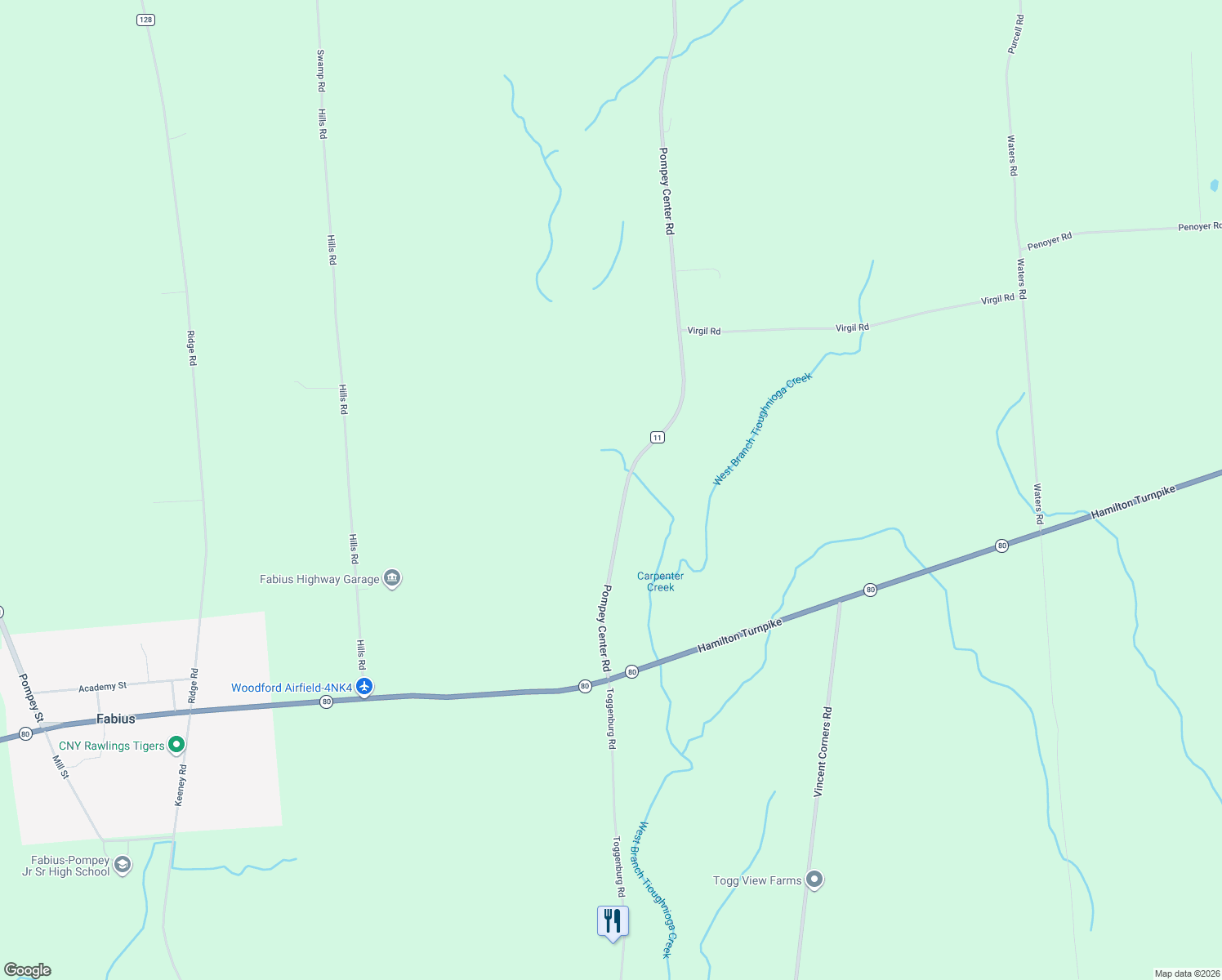 map of restaurants, bars, coffee shops, grocery stores, and more near 1489 Pompey Center Rd in Fabius