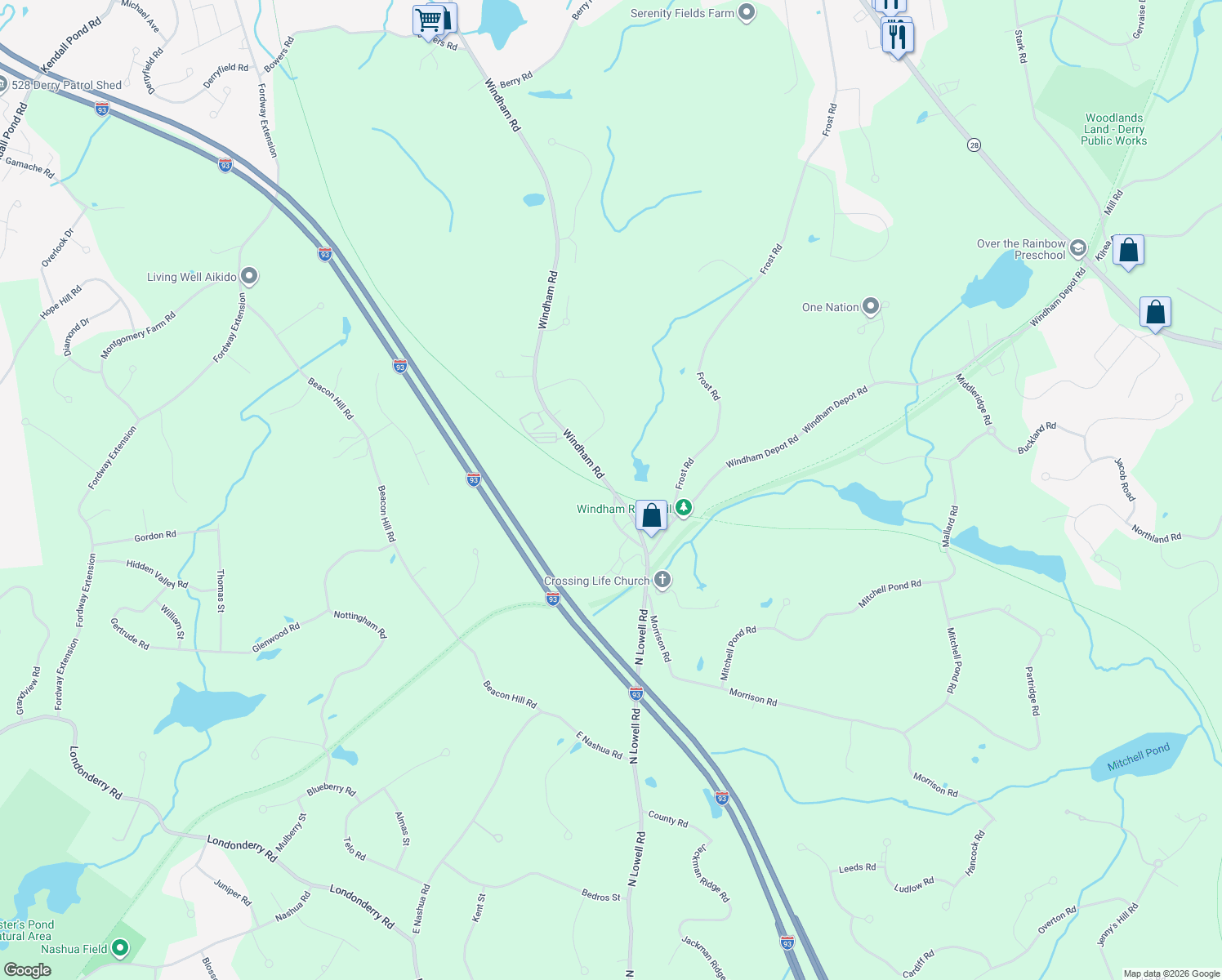 map of restaurants, bars, coffee shops, grocery stores, and more near 125 North Lowell Road in Windham