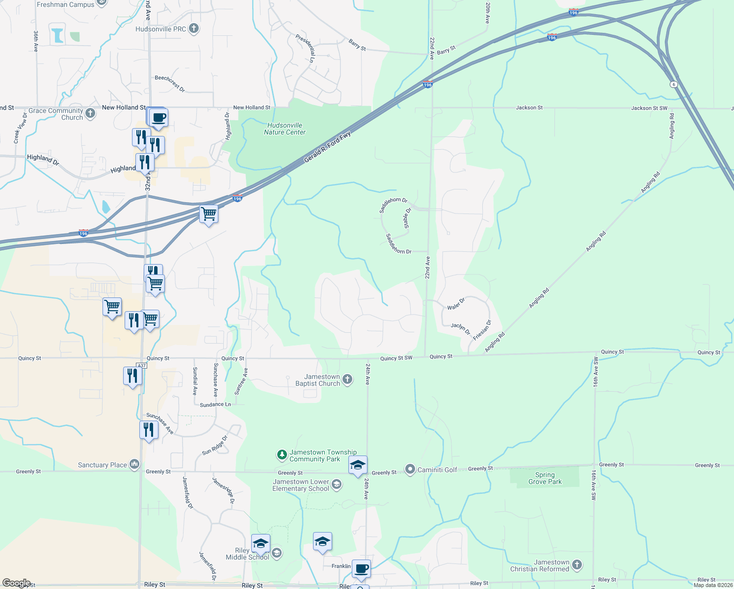 map of restaurants, bars, coffee shops, grocery stores, and more near 2403 Springside Ct in Hudsonville