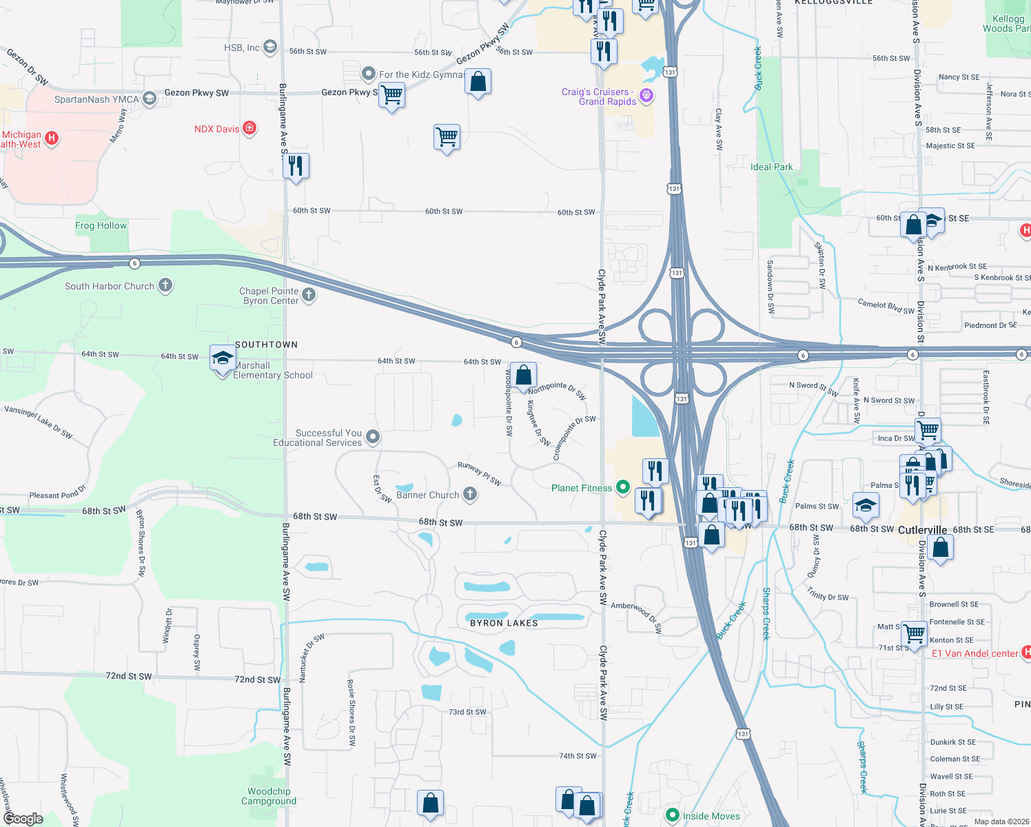 map of restaurants, bars, coffee shops, grocery stores, and more near 1125 Woodspointe Drive Southwest in Byron Center
