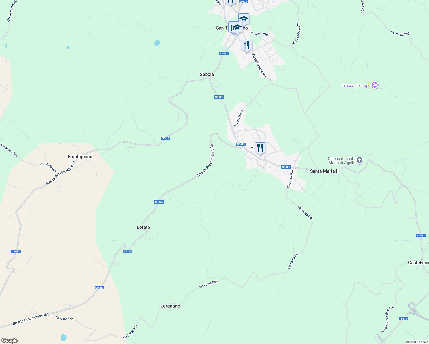 map of restaurants, bars, coffee shops, grocery stores, and more near 310E Vocabolo Castello in Pantalla