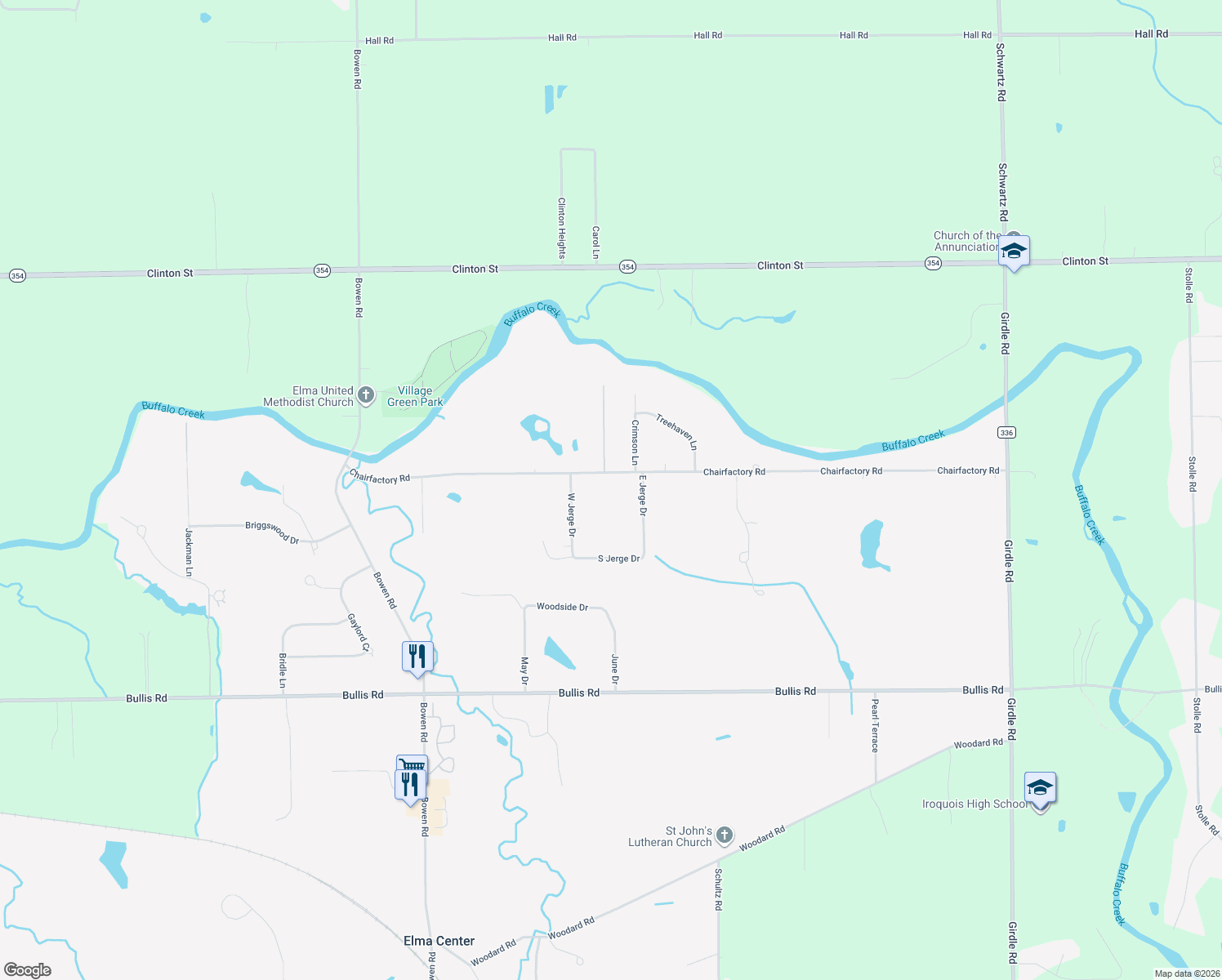 map of restaurants, bars, coffee shops, grocery stores, and more near 380 Chairfactory Rd in Elma Center