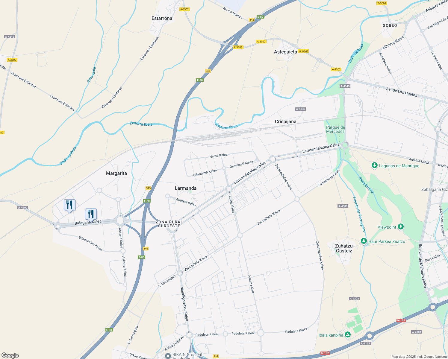 map of restaurants, bars, coffee shops, grocery stores, and more near 1 Jundiz Kalea in Gasteiz